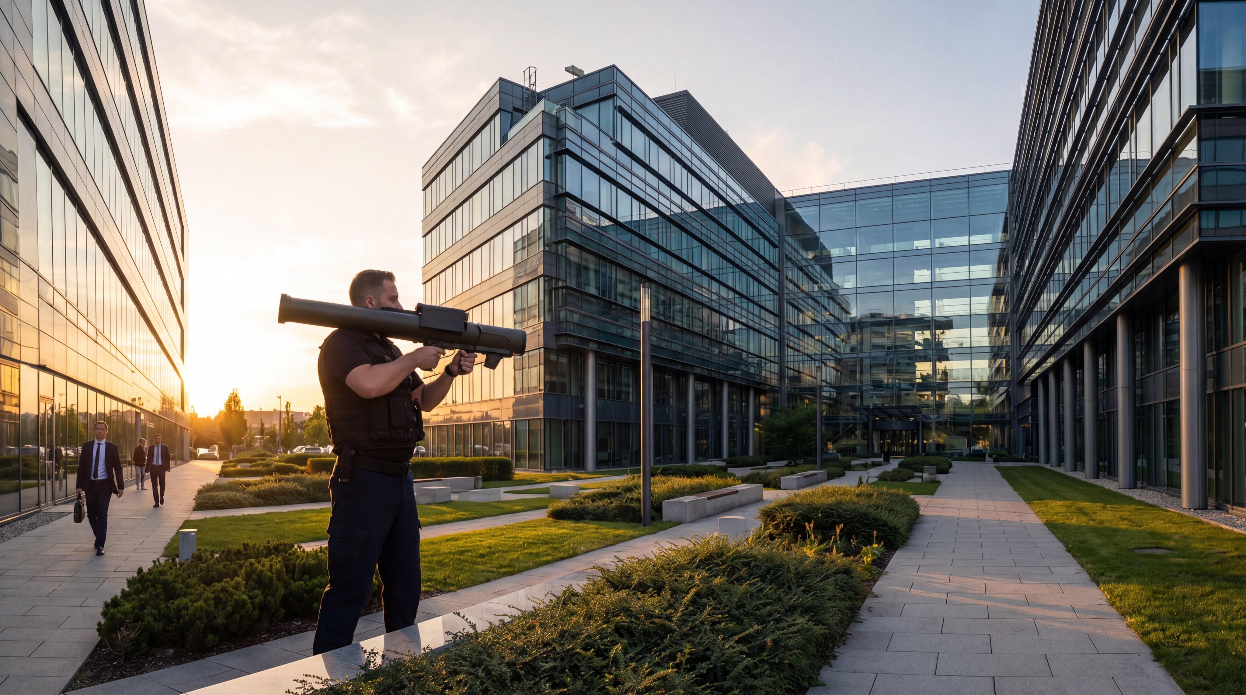 Security operator standing on the roof of a modern glass office building, aiming a directional anti-drone gun during sunset.