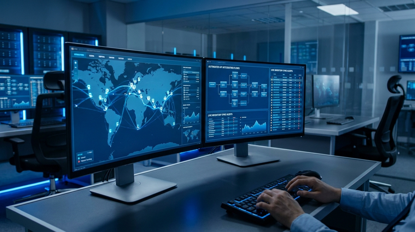 Advanced Logistics Operations Room with Dual-Monitor Global Tracking System