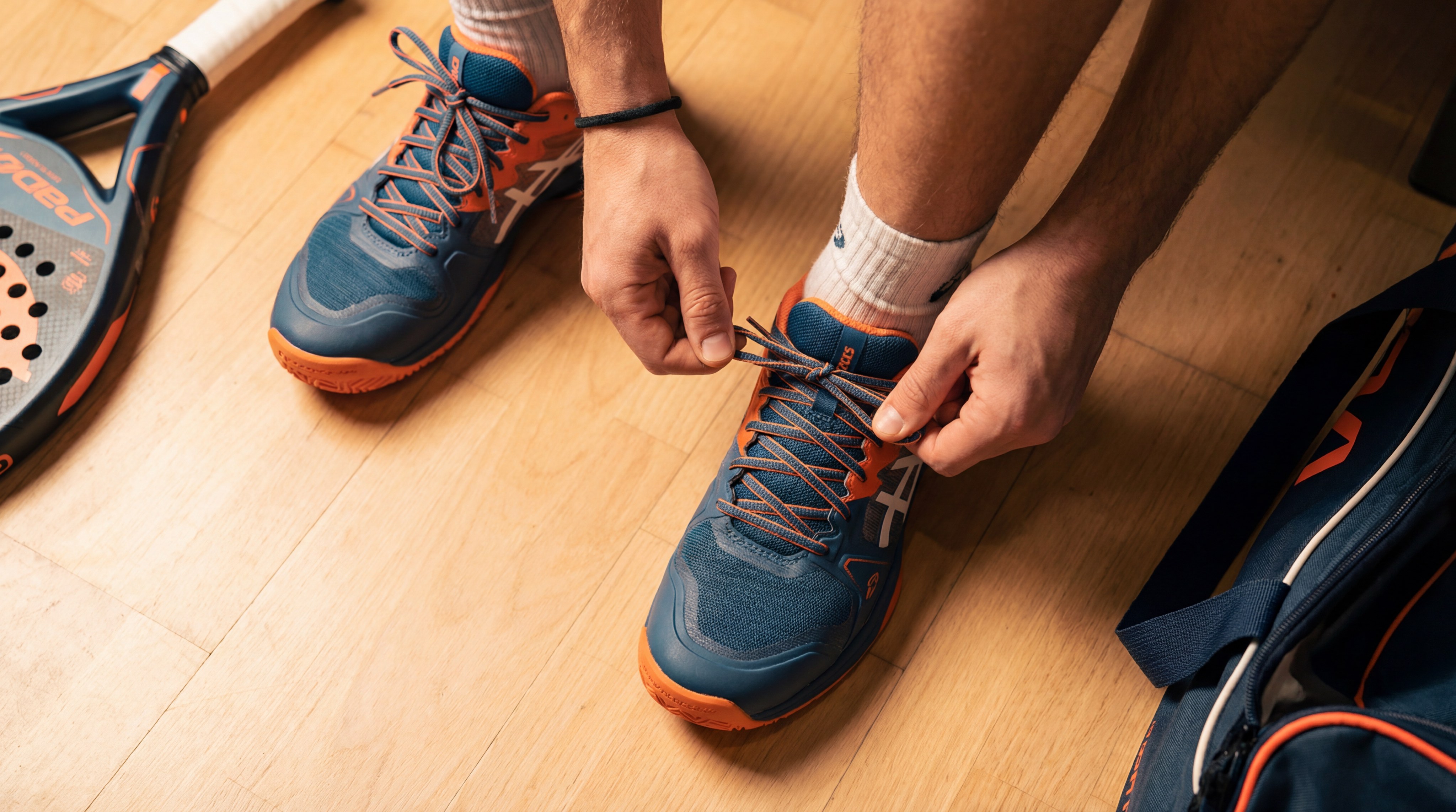 Top-down view of lacing a sport shoe