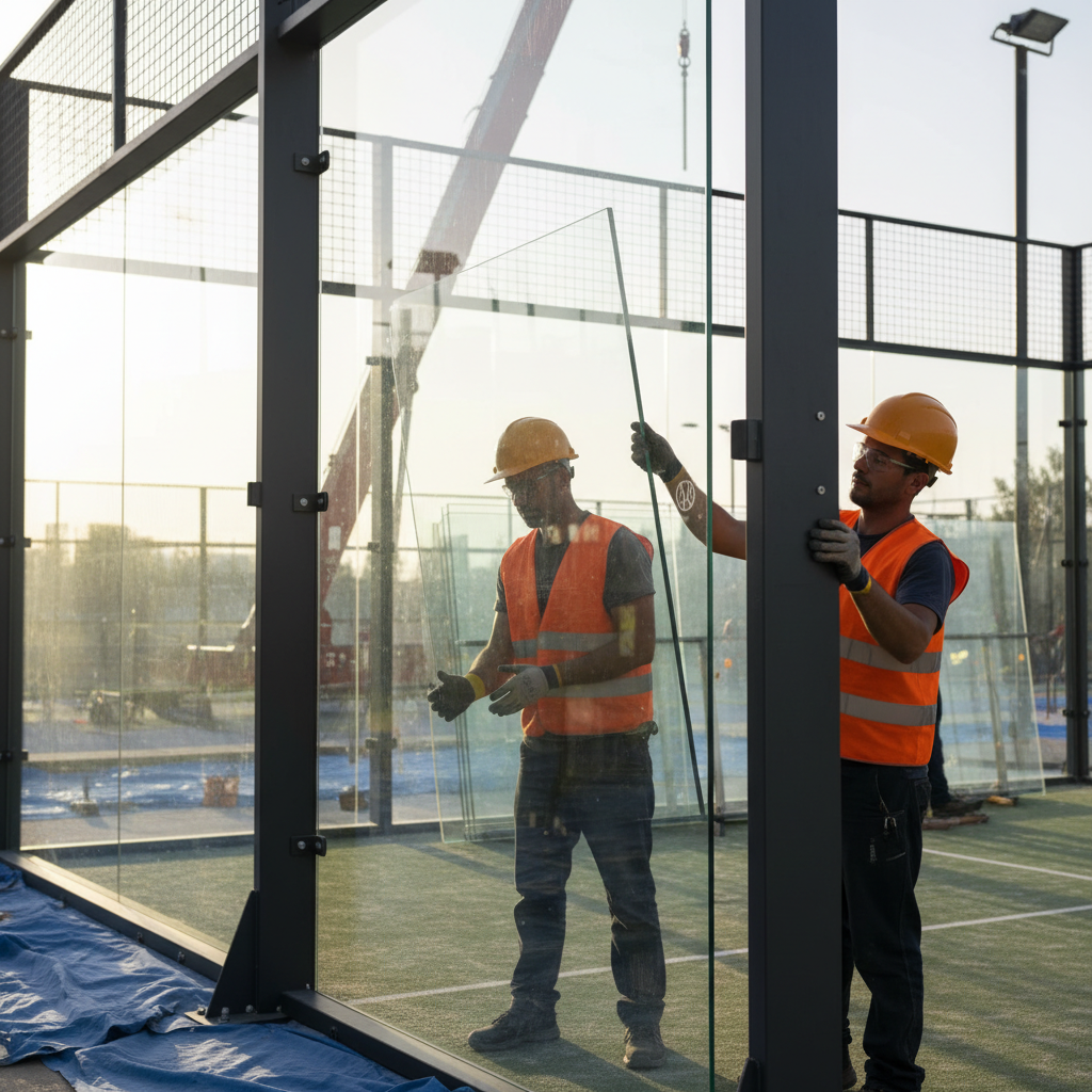 A team of professionals installing large tempered glass panels on a court