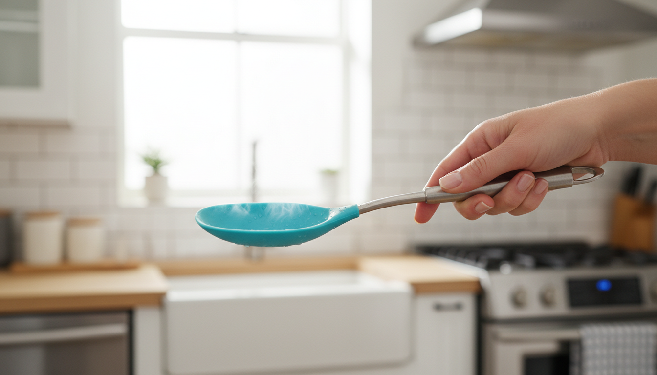 hand holding blue silicone spoon