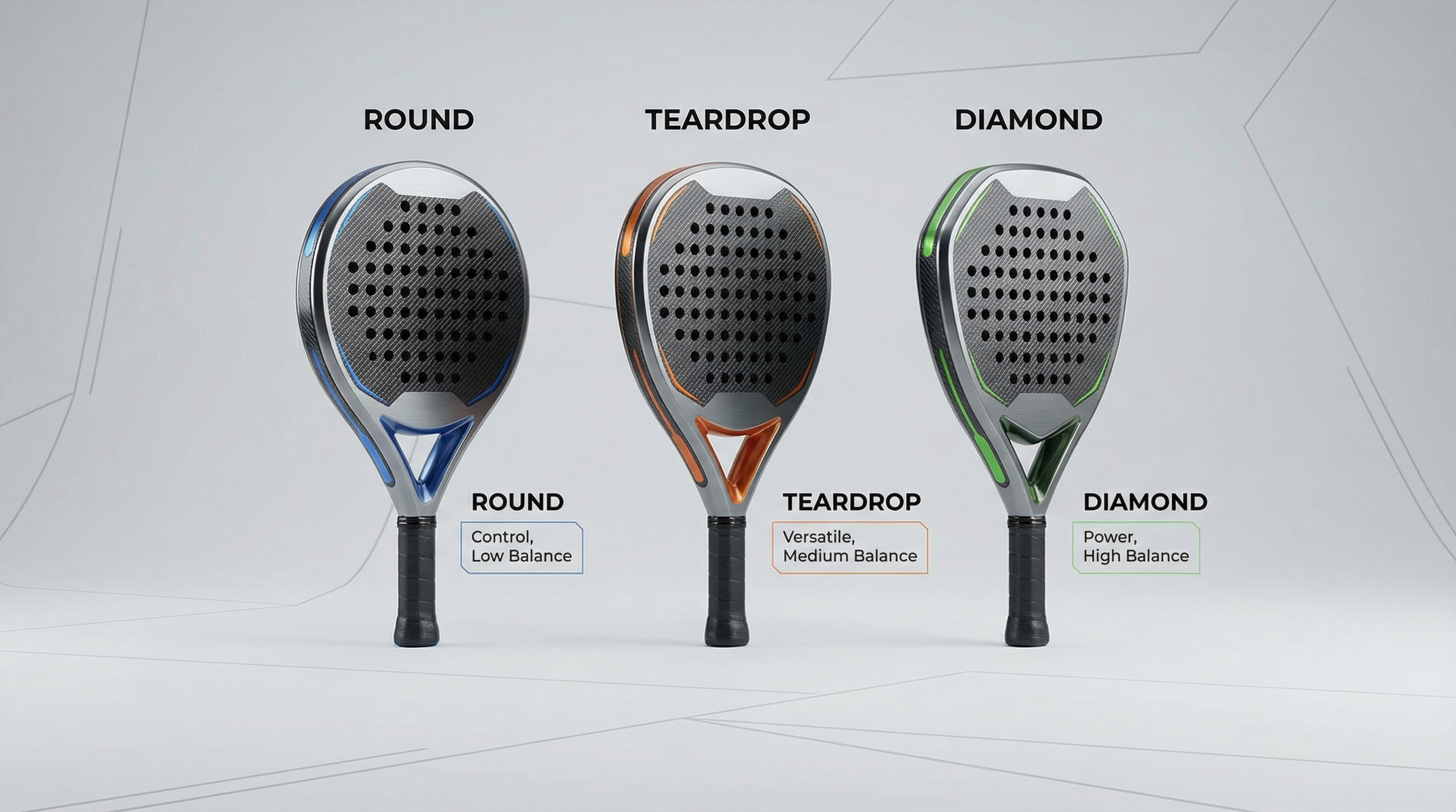 A 3D comparison diagram showing round, teardrop, and diamond racket shapes