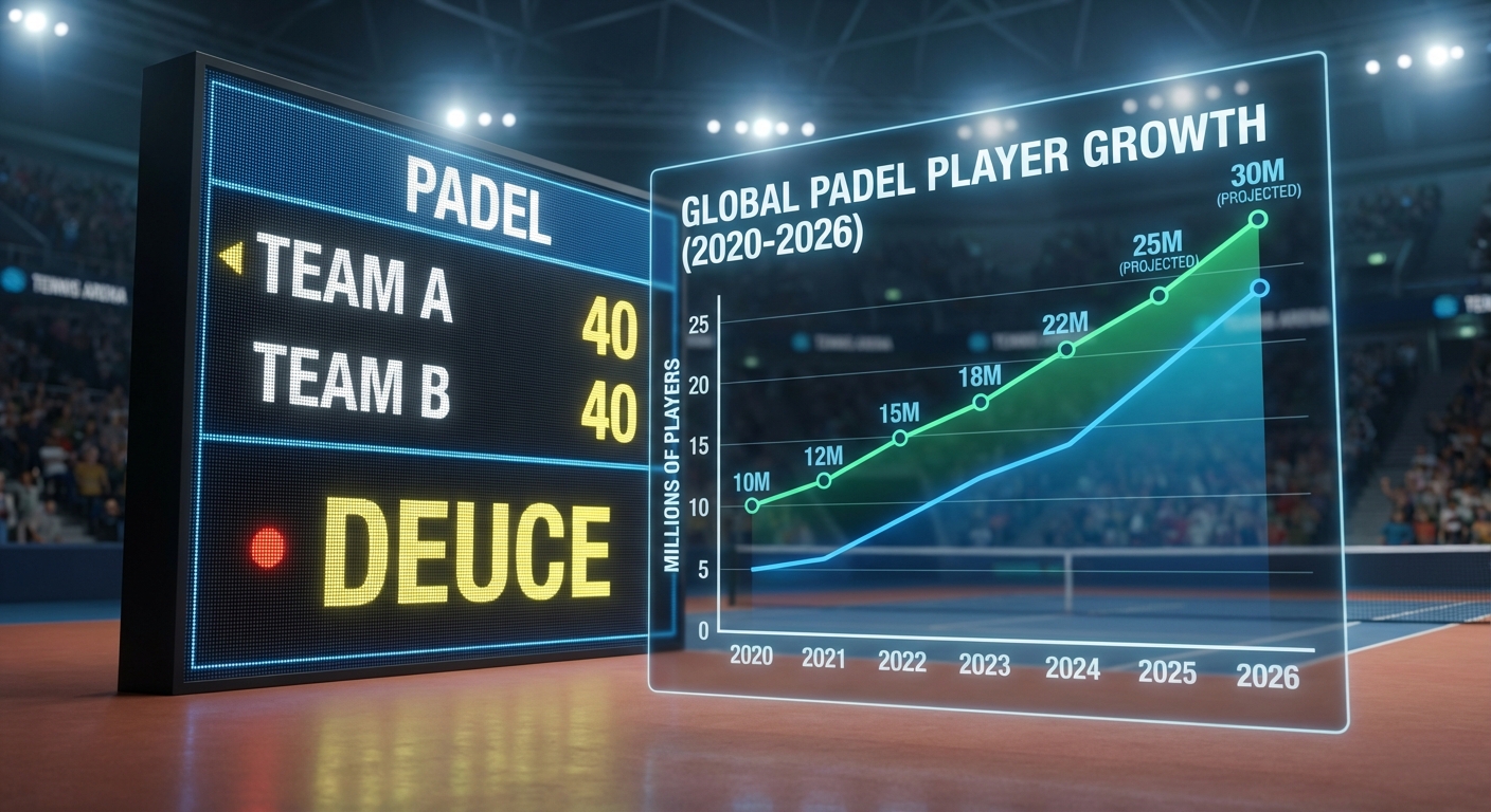 A clean, photorealistic 3D render of a digital scoreboard showing a 40-40 deuce, with an overlay chart showing padel's global player growth from 2020-2026.