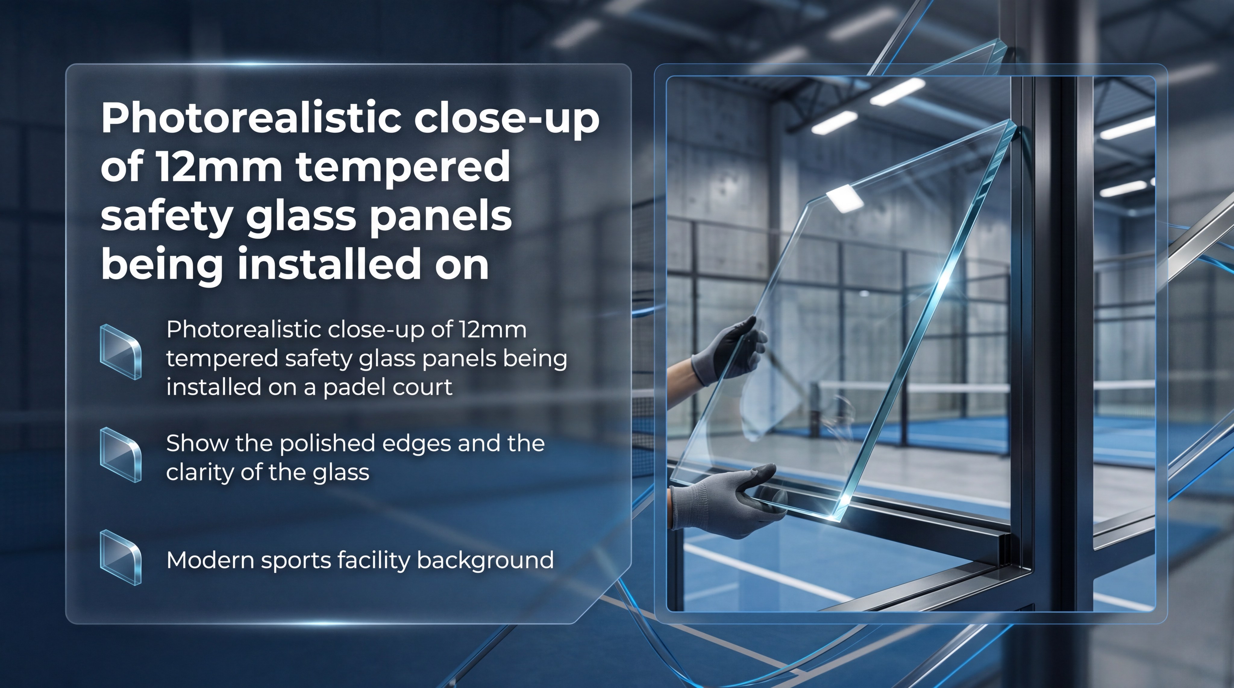 Photorealistic close-up of 12mm tempered safety glass panels being installed on a padel court