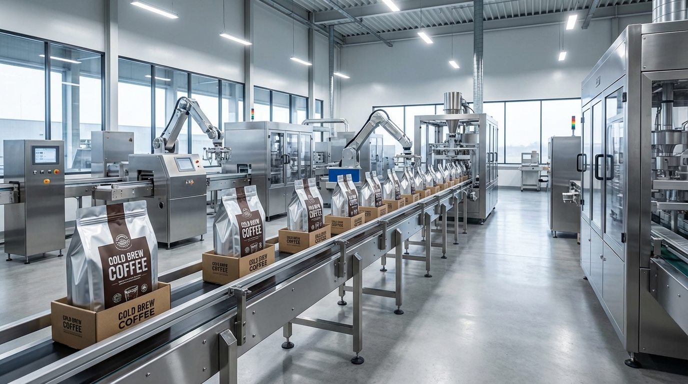 Image Description: A wide-angle view of a fully automated coffee packaging line, showing multiple stations from dosing to final boxing.