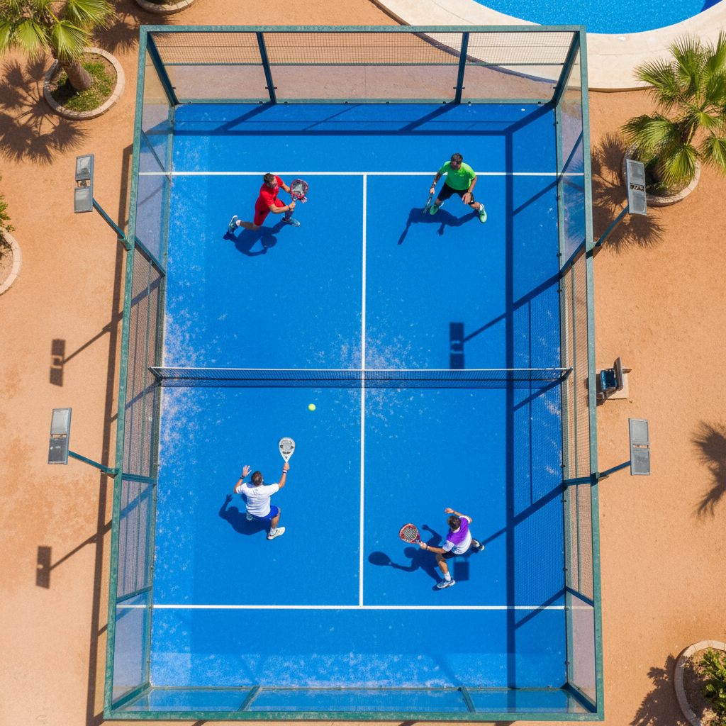 Top-down view of a padel court during a match. Four players in athletic gear are in mid-action. The bright yellow ball is blurred to show movement against the textured blue turf.