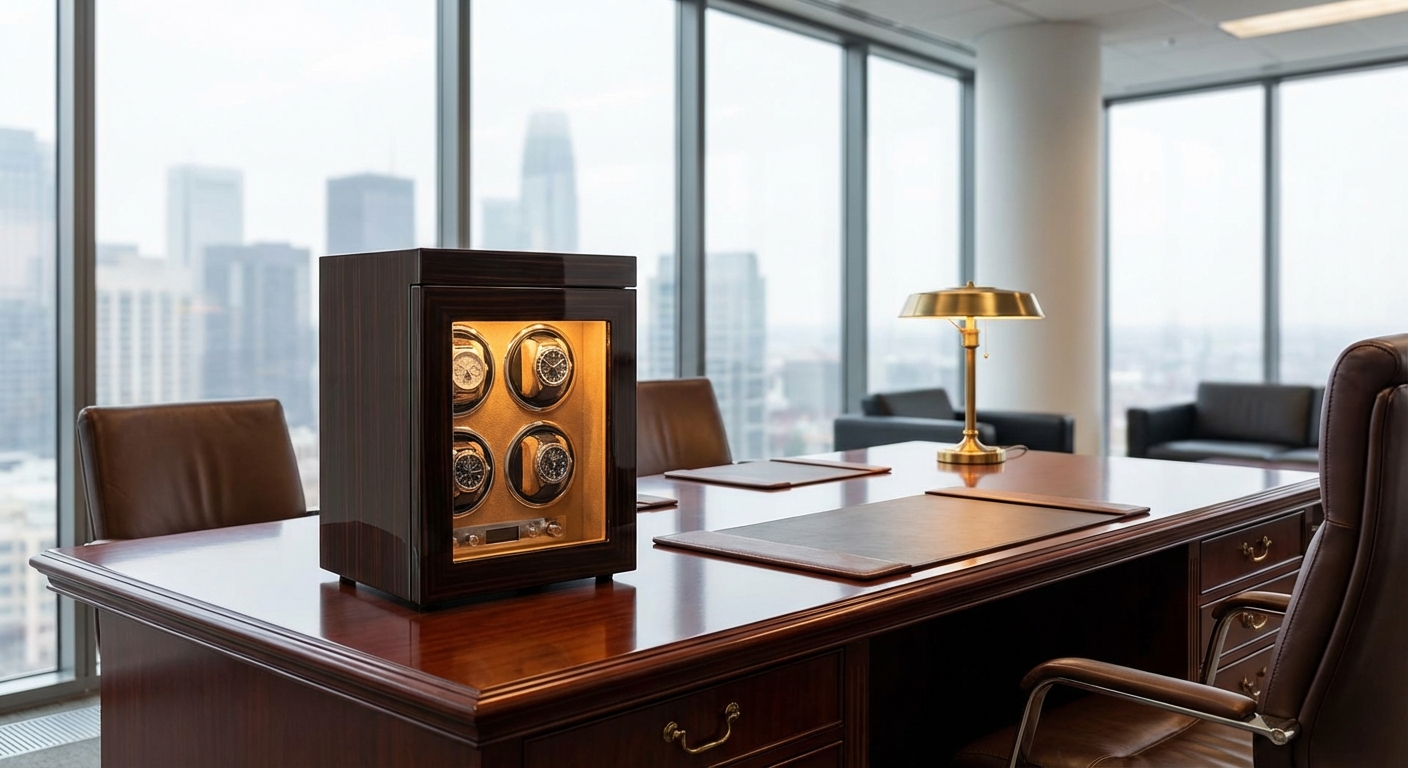 An executive watch winder safe positioned on a high-end office desk