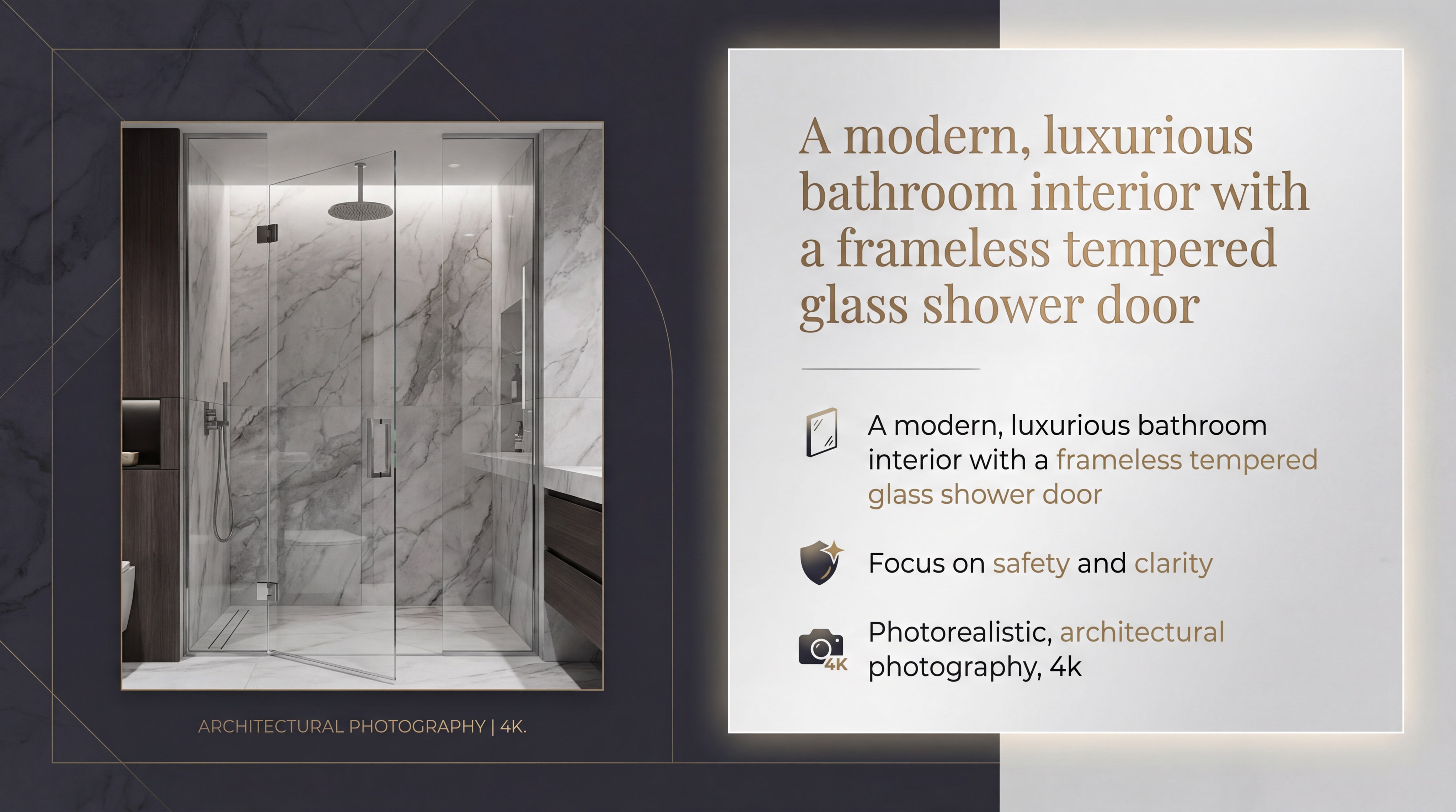 A modern, luxurious bathroom interior with a frameless tempered glass shower door