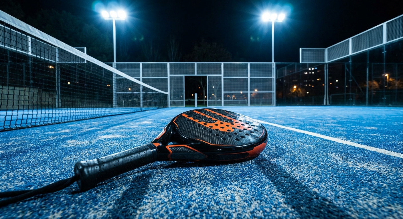 A padel bat on a blue court under bright LED night lighting