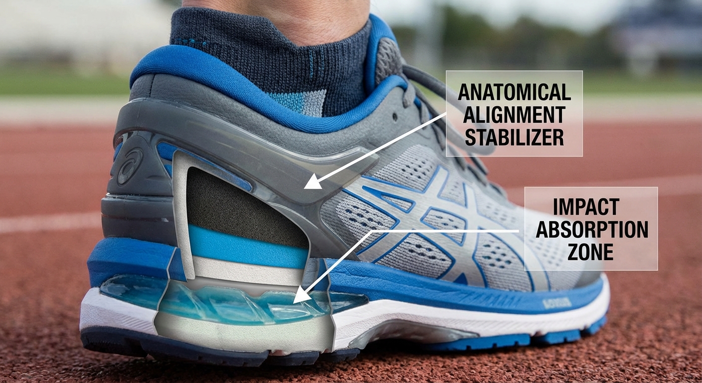 Photorealistic technical diagram showing the ankle support and heel cushioning anatomy