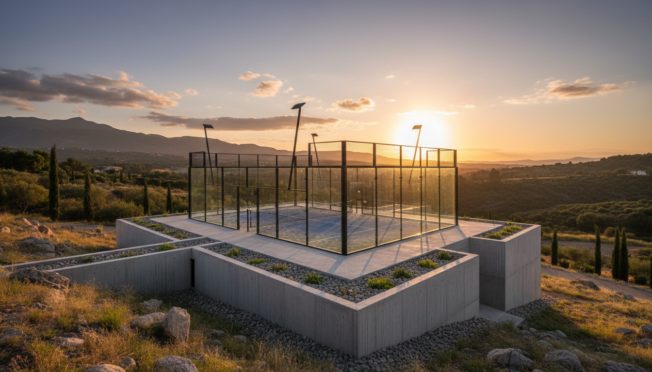 A scenic outdoor padel court positioned perfectly for sunlight and drainage