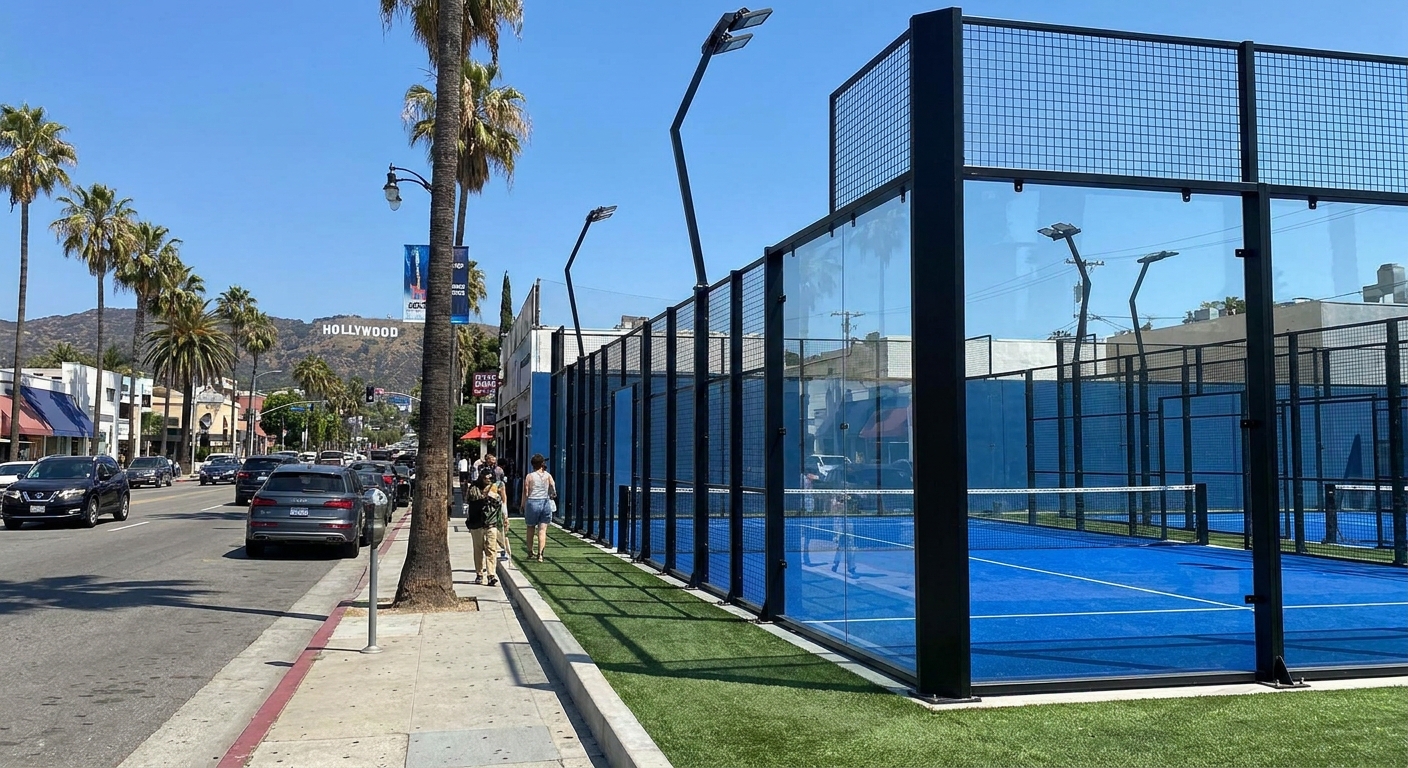 A high-angle urban shot of a vibrant blue padel court nestled between modern Los Angeles buildings and palm trees.