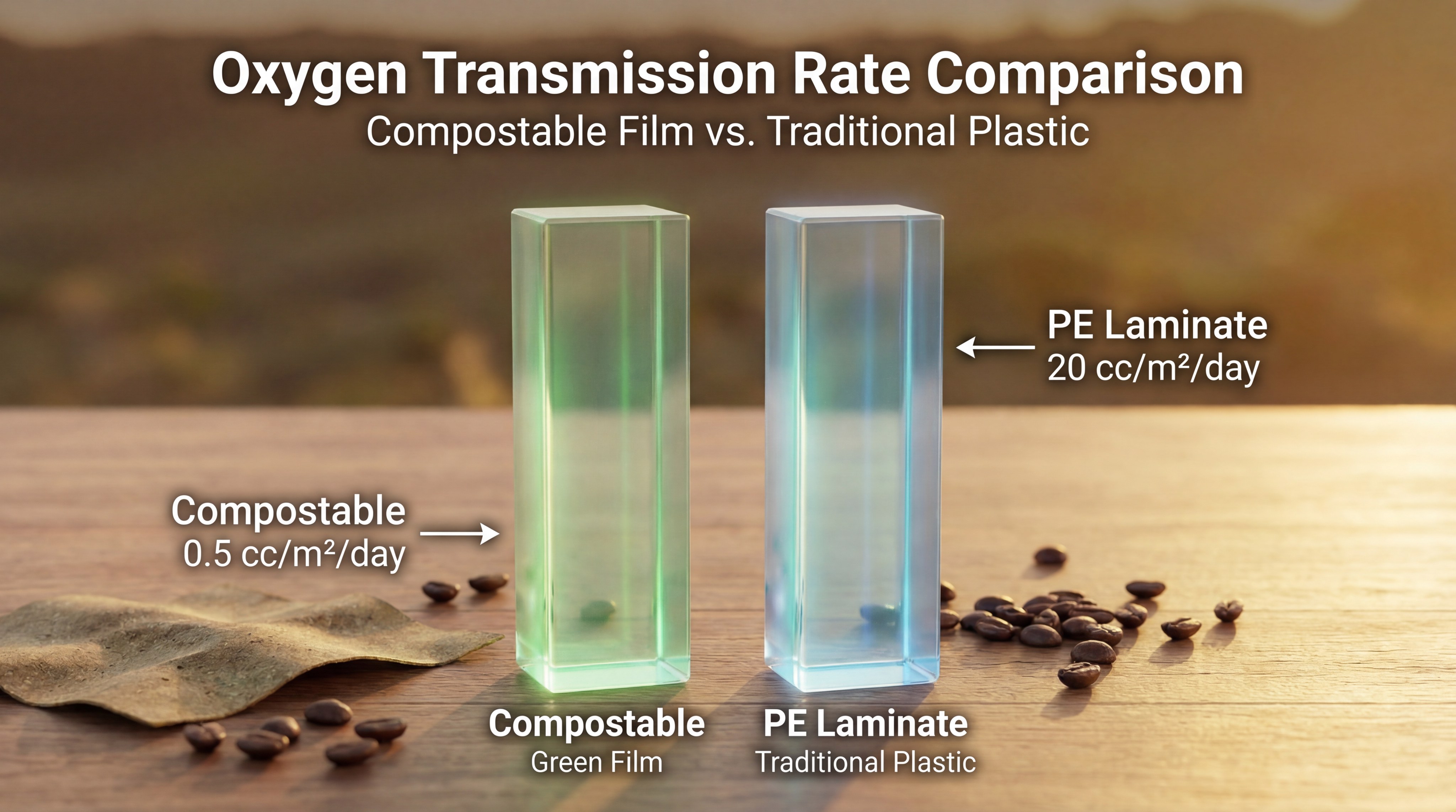 Infographic comparing oxygen transmission rates between compostable barrier films and traditional plastic laminates