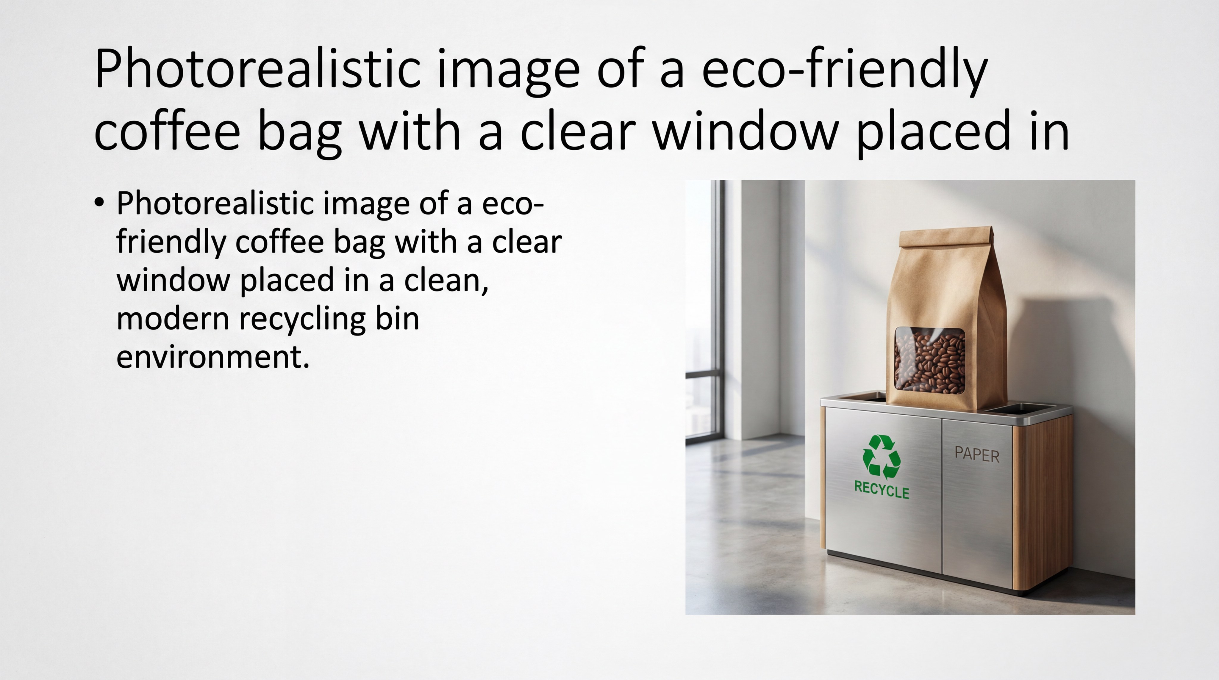 Photorealistic image of a eco-friendly coffee bag with a clear window placed in a clean, modern recycling bin environment.