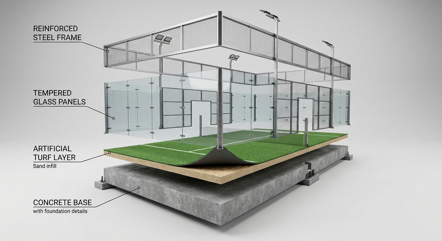 A detailed photorealistic 3D exploded-view diagram showing the layers of a professional padel court: the concrete base, the turf layer, the tempered glass panels, and the reinforced steel frame with labels.