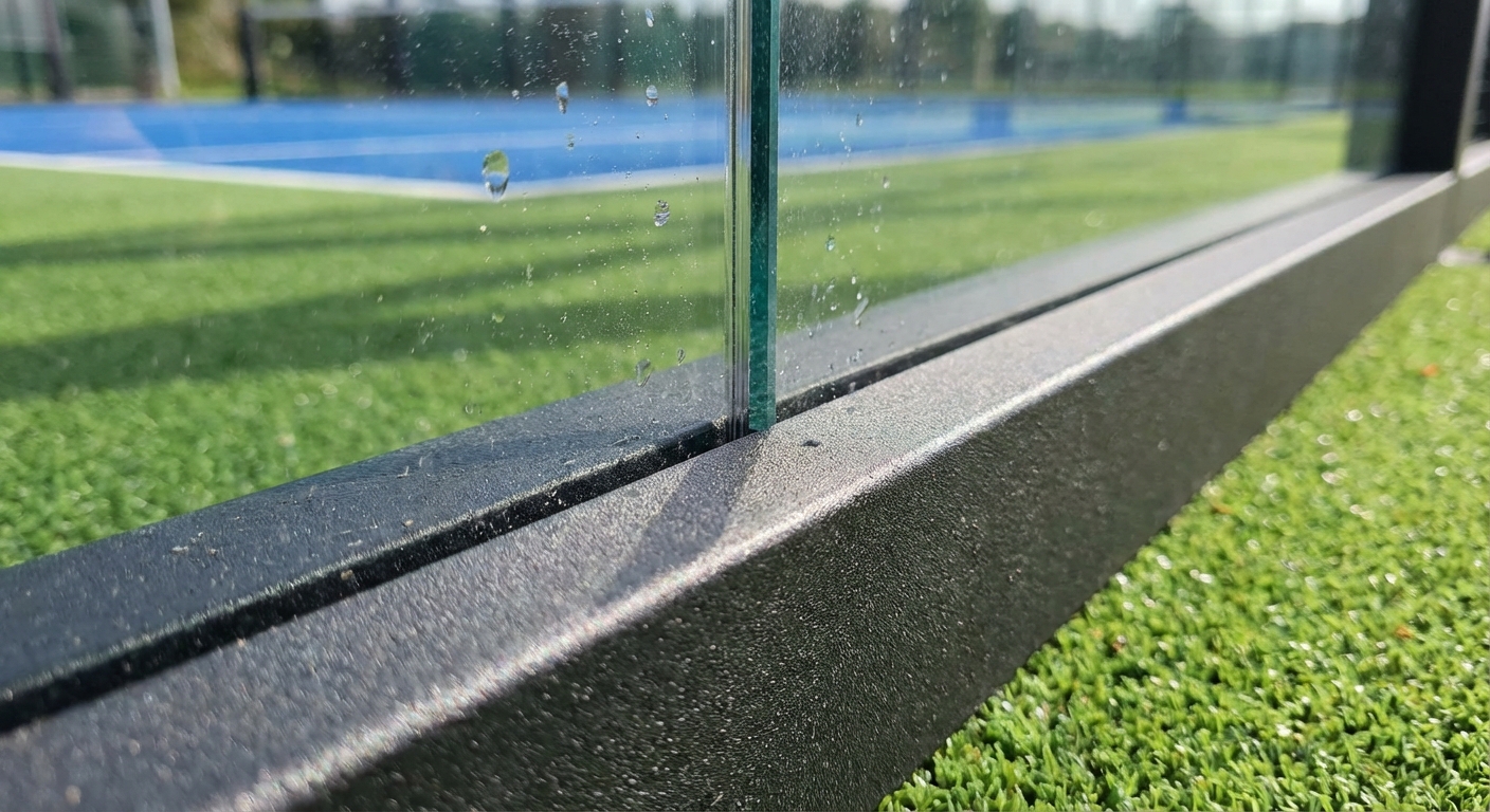 Close-up macro shot of 12mm thick tempered glass meeting a black powder-coated galvanized steel frame, showing the flush, precision-engineered joint.