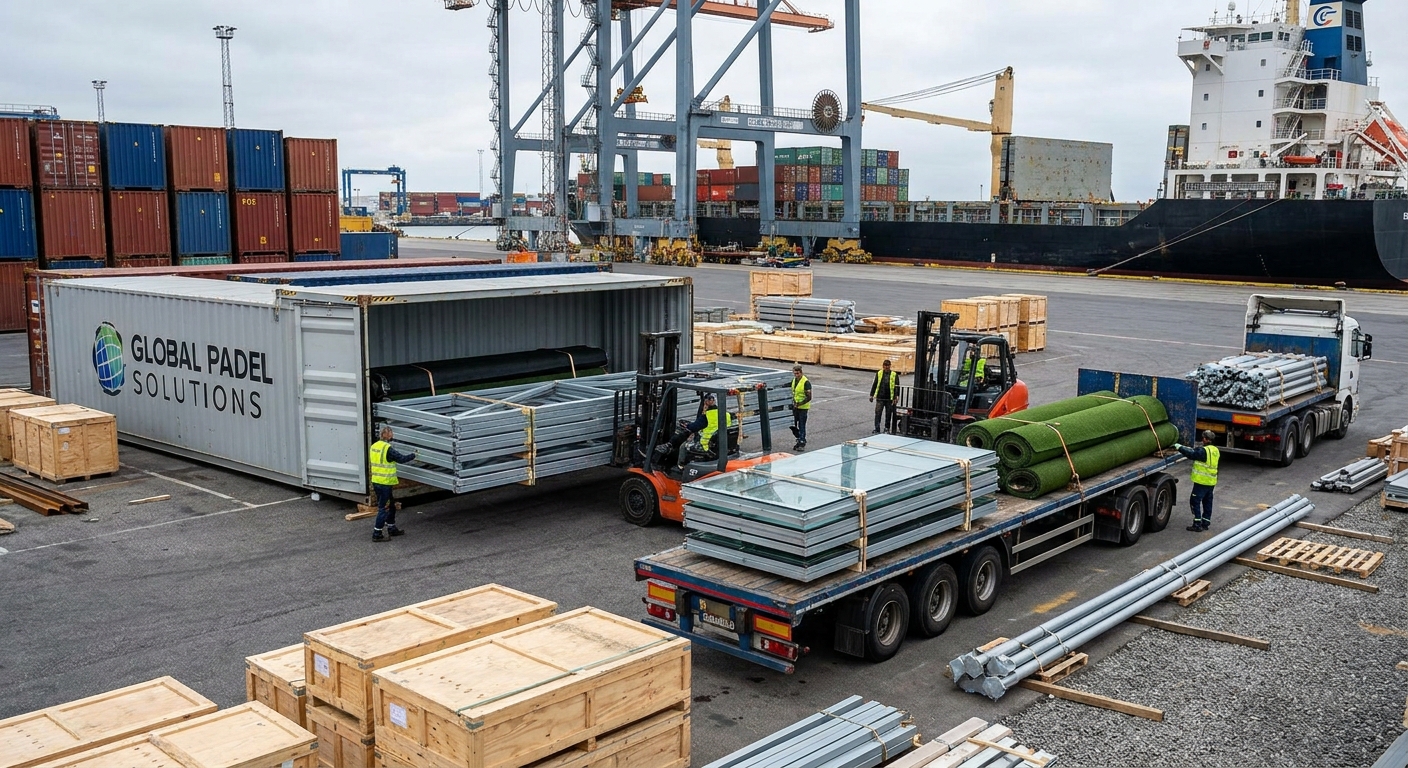Factory modular padel court unloading