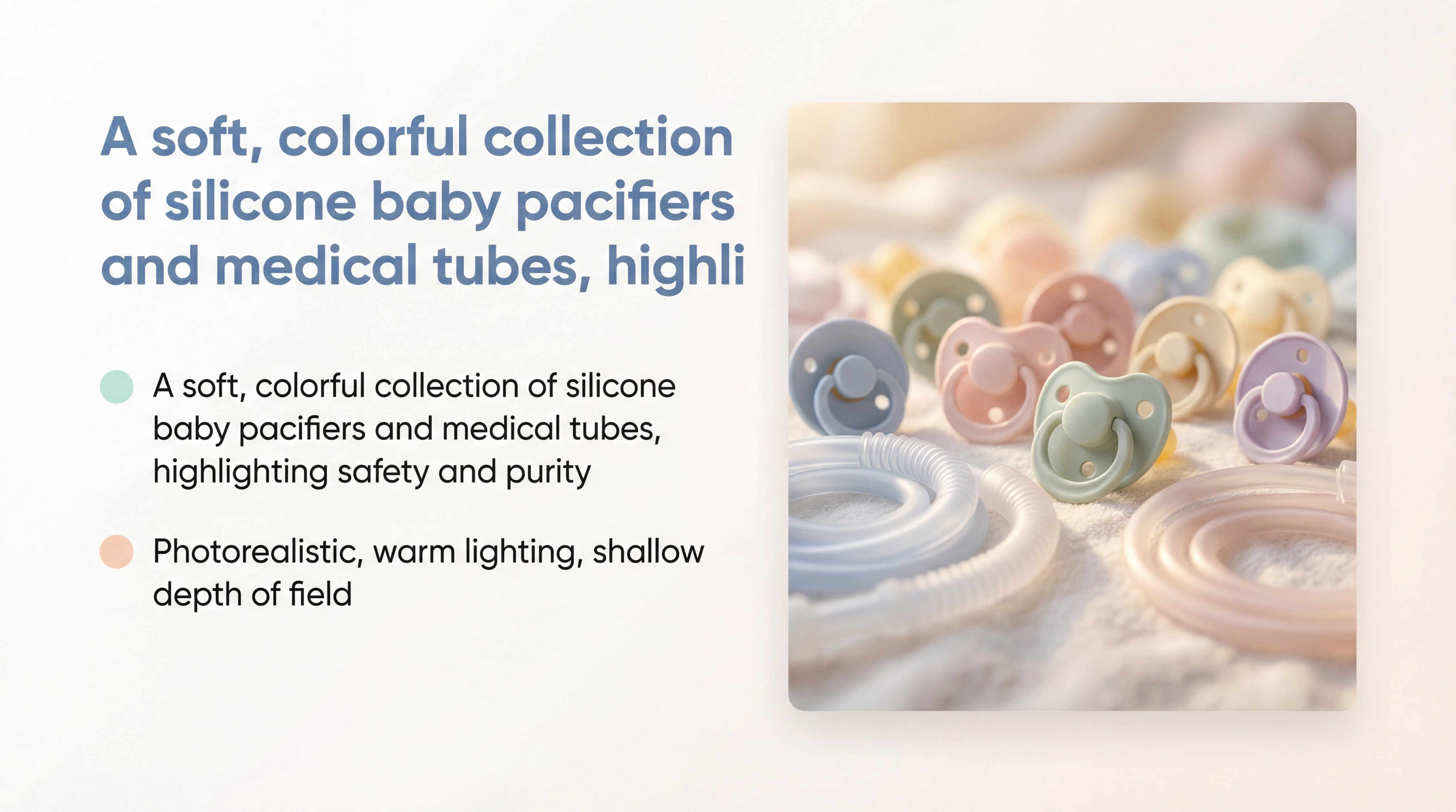 Soft colorful silicone baby pacifiers and medical tubes