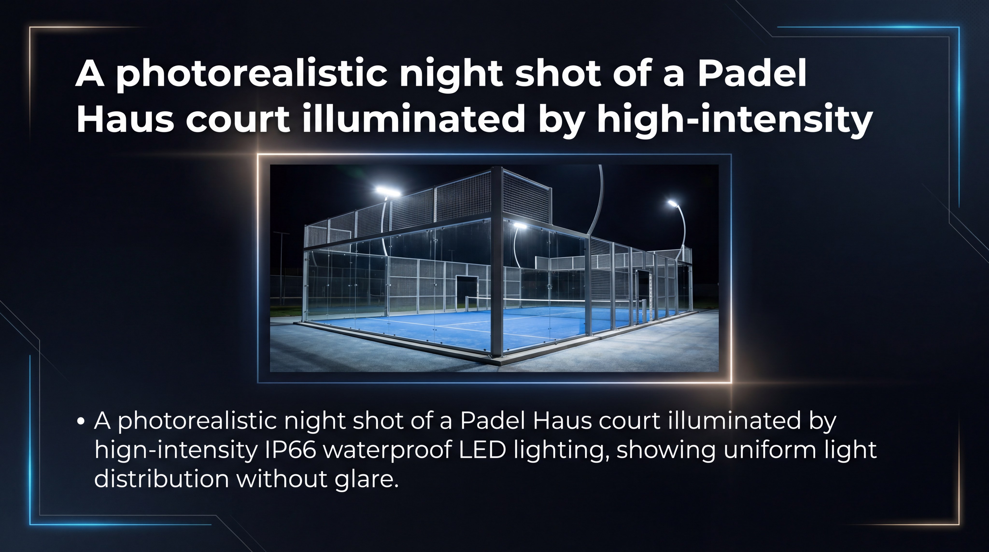 A photorealistic night shot of a Padel Haus court illuminated by high-intensity lighting