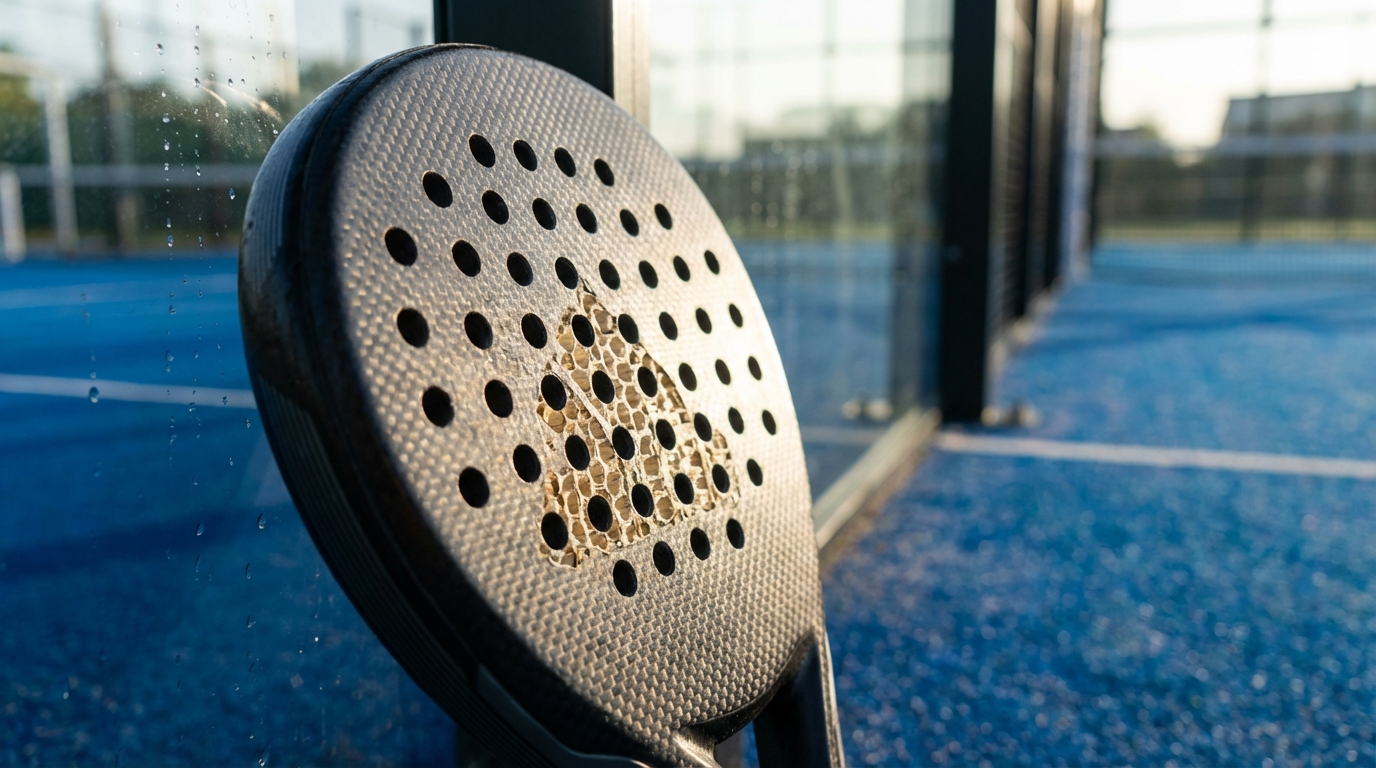 A macro cross-section of a padel paddle showing the layered carbon fiber skin and the high-density foam core.