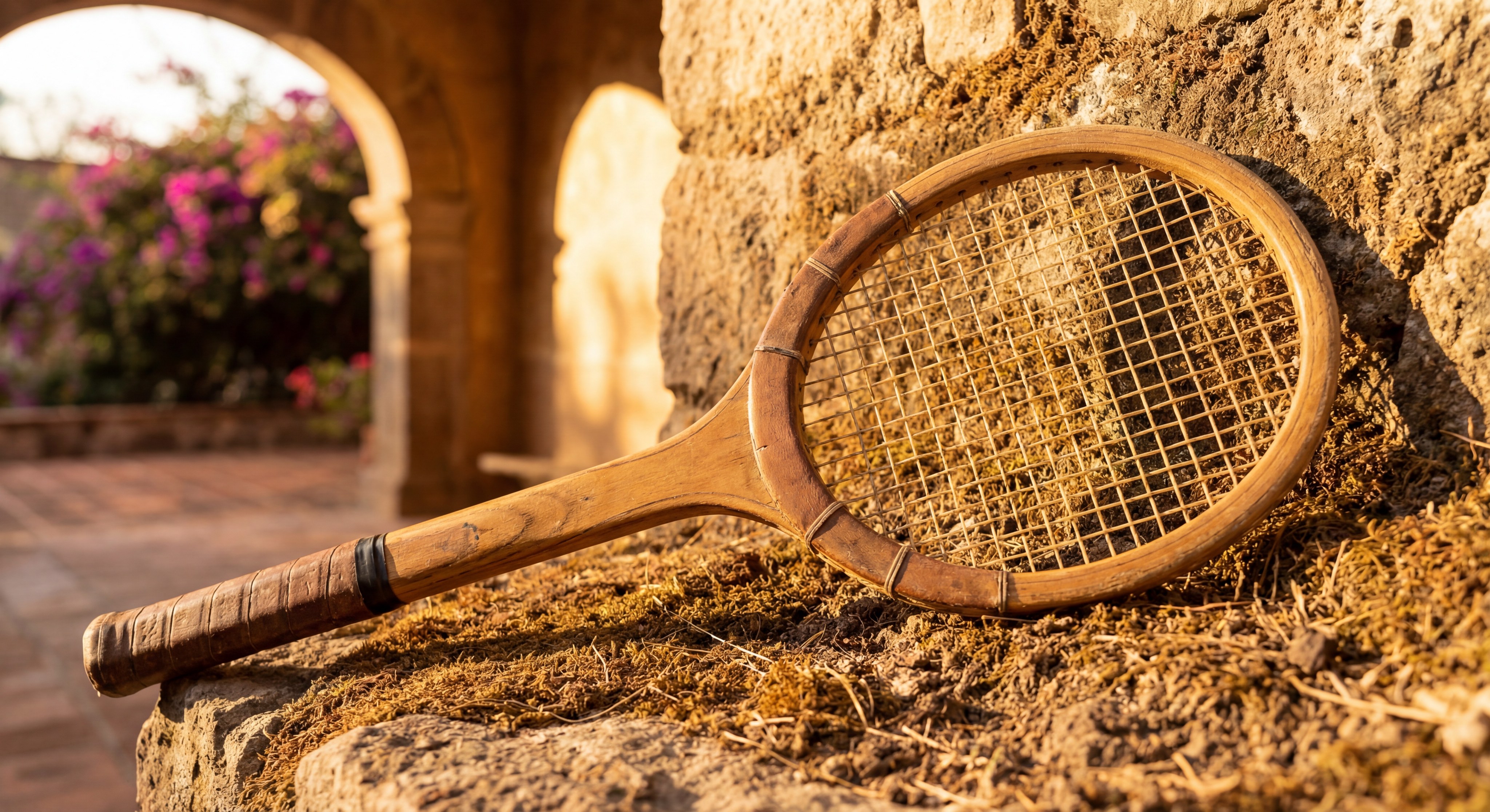 A cinematic close-up of a vintage 1970s wooden padel racket resting against a rustic stone wall in a sun-drenched Mexican estate.