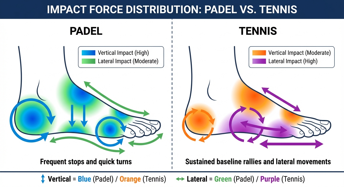 Photorealistic graphic comparing impact zones in padel versus tennis footwear