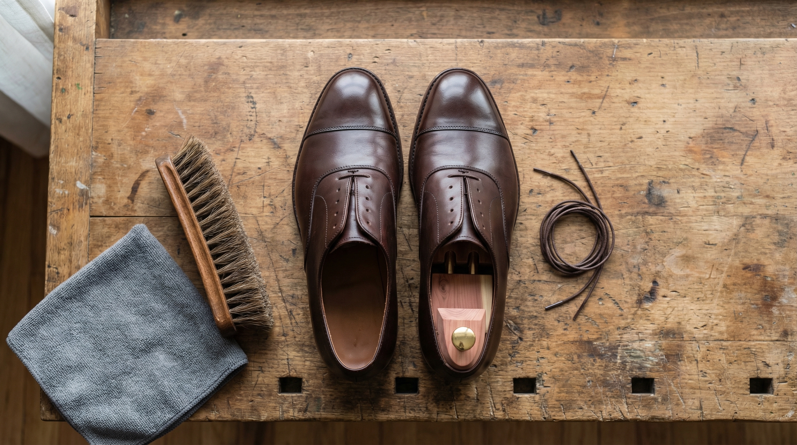 Professional editorial photography, bird's-eye view angle, a pair of premium dark brown oxford shoes on a clean wooden workbench. One shoe has cedar shoe trees inserted and laces removed, surrounded by a horsehair brush and a folded microfiber cloth. Soft natural window lighting with rich textures.