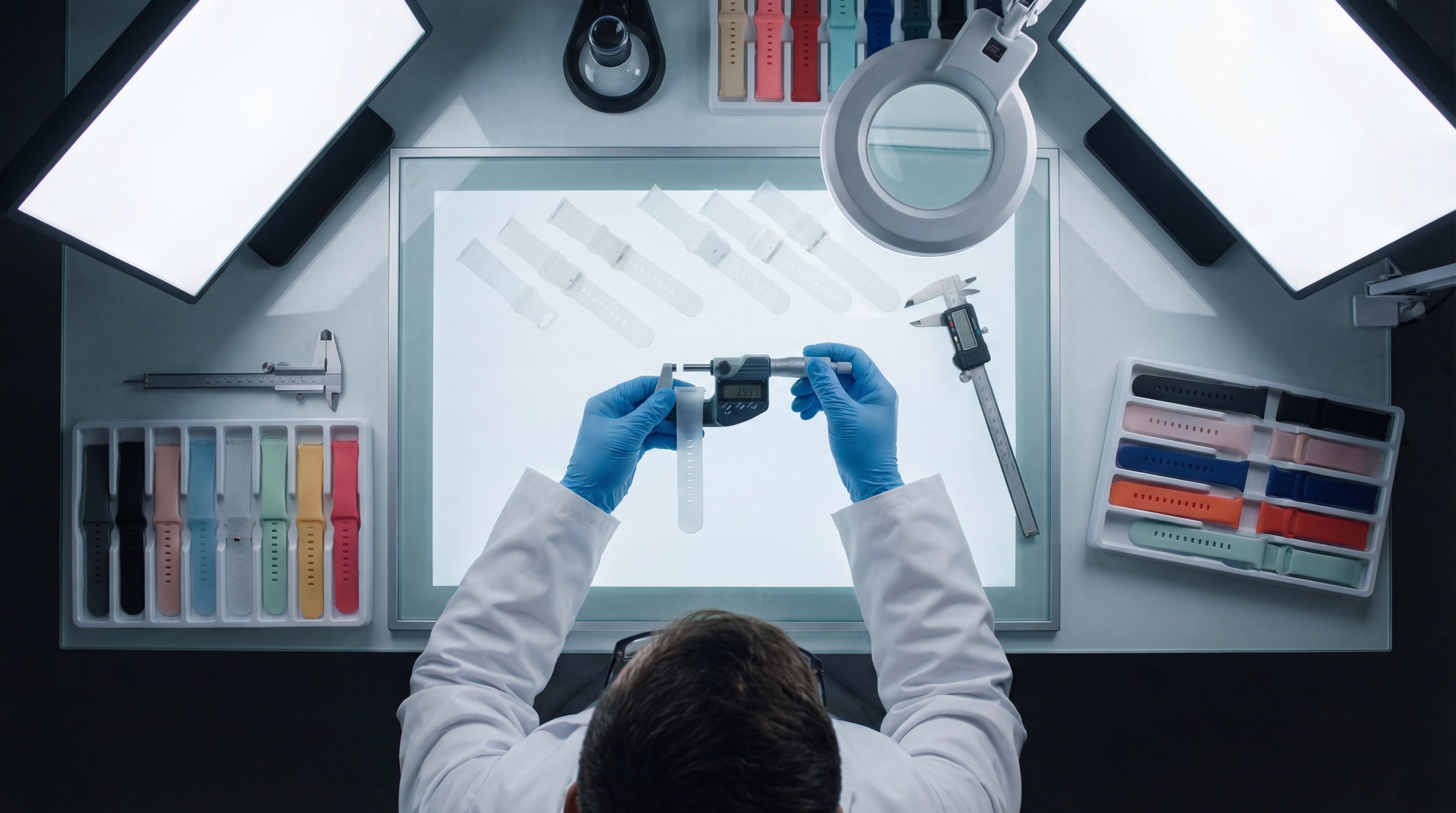 Quality control specialist inspecting a batch of silicone wearable straps using a digital micrometer.