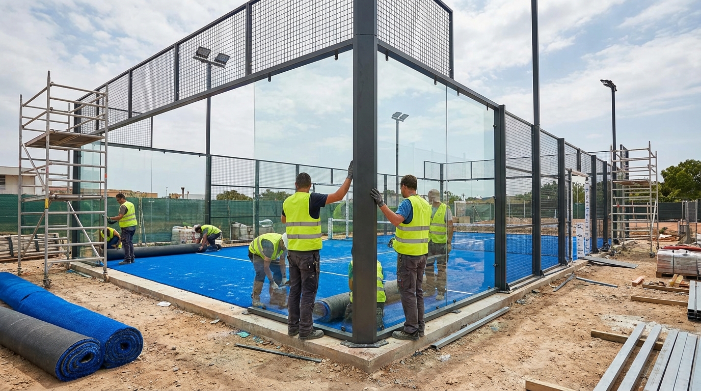 Workers constructing a premium glass padel court