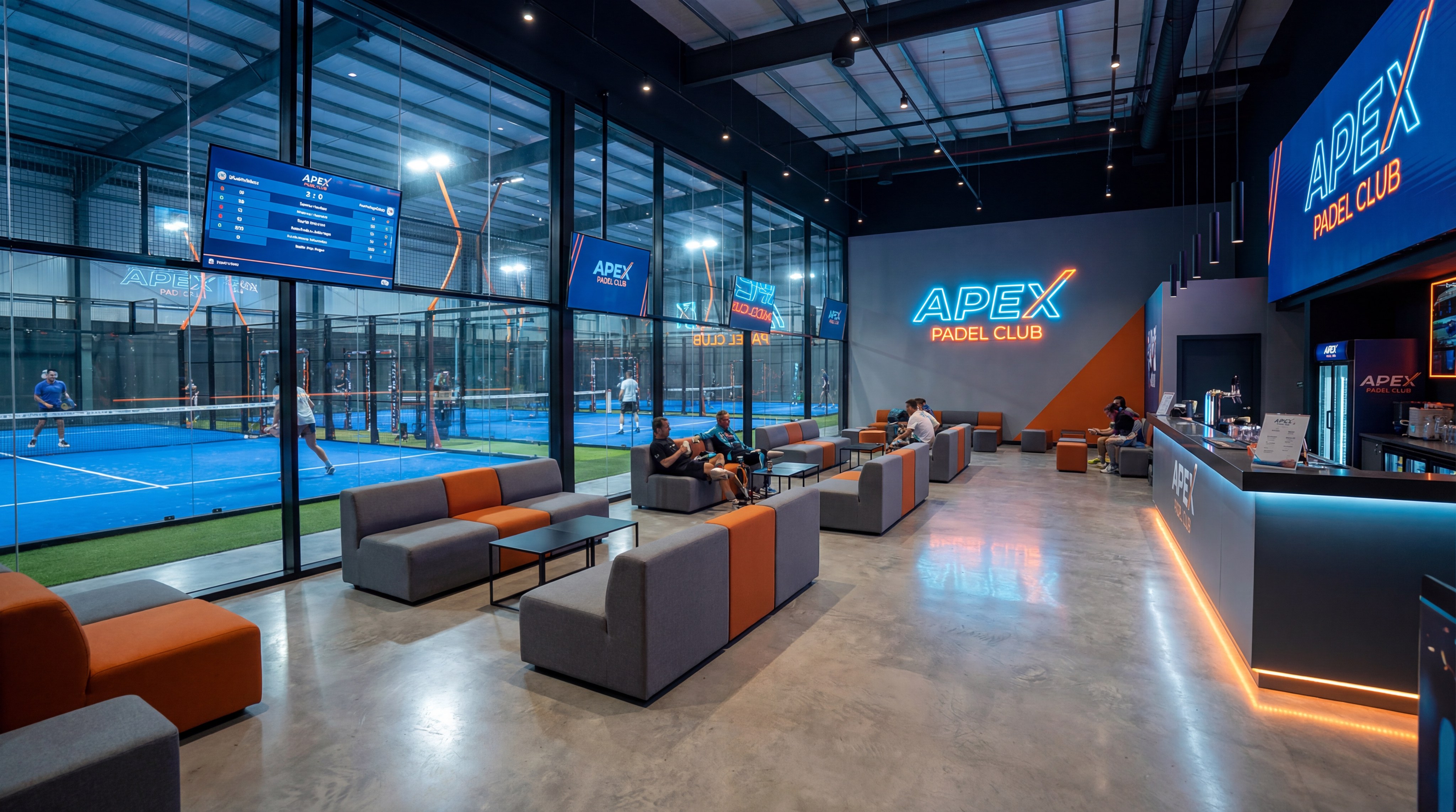 Image: Modern padel club with vibrant branding and multiple court layouts