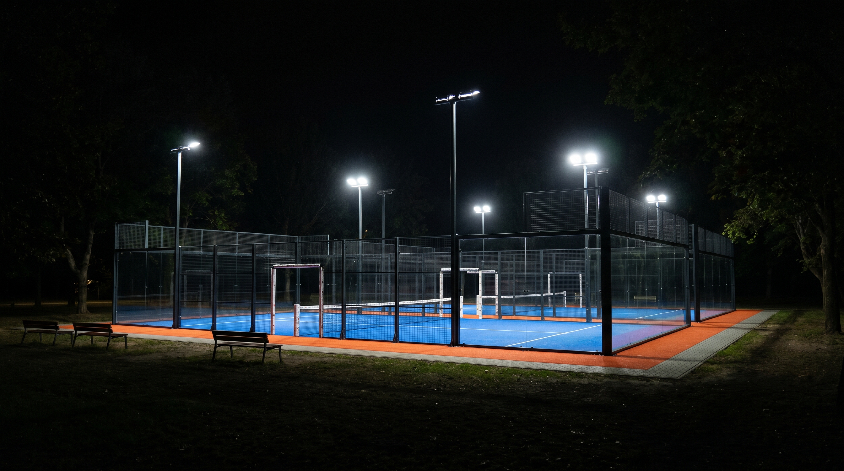 padel court illuminated by high-intensity LED floodlights