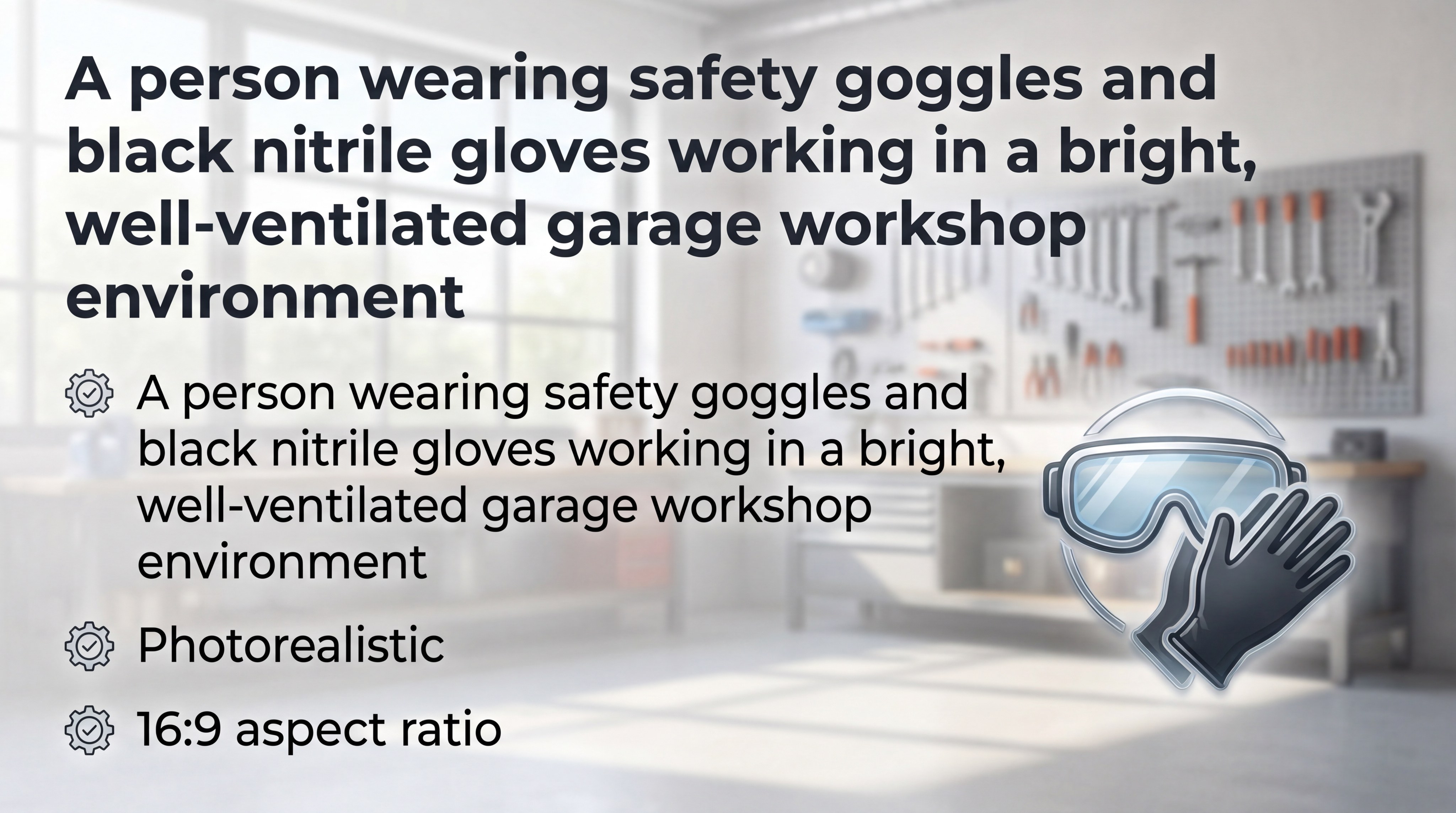 Person wearing safety goggles and black nitrile gloves in a workshop