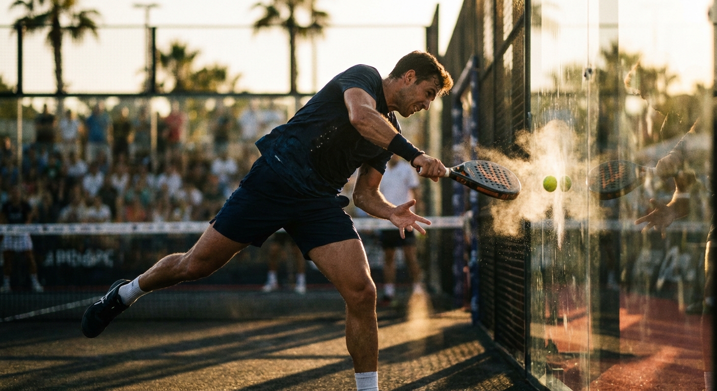 Padel player hitting an action shot against the glass