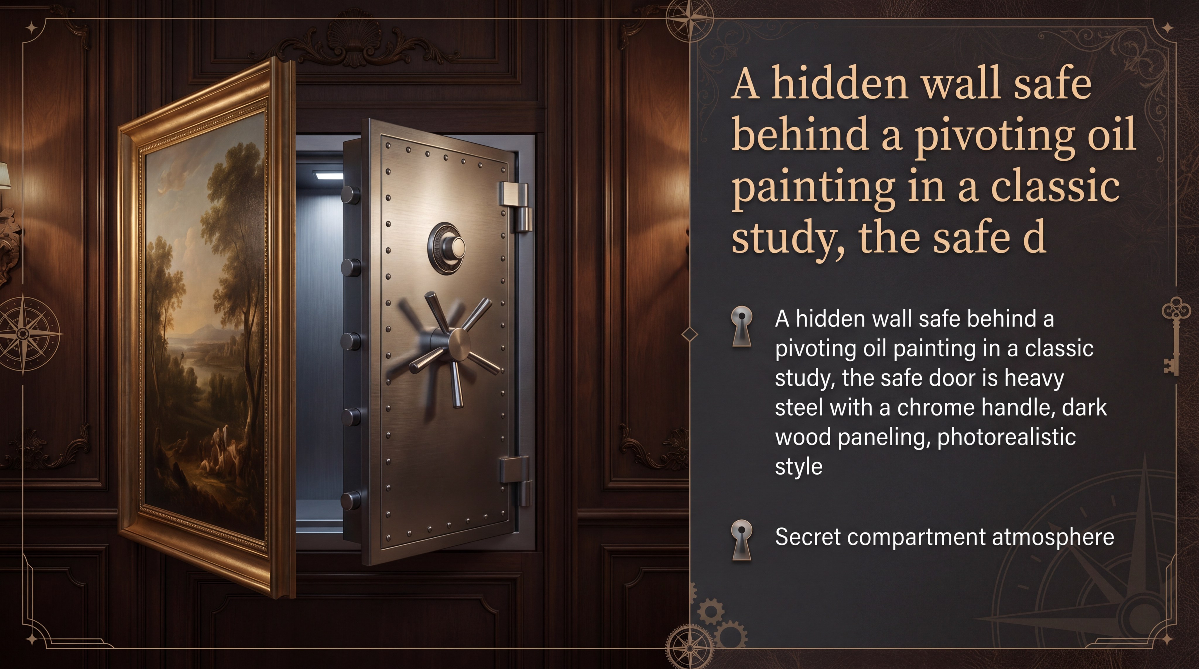 A hidden wall safe behind a pivoting oil painting in a classic study, the safe door is heavy steel with a chrome handle, dark wood paneling