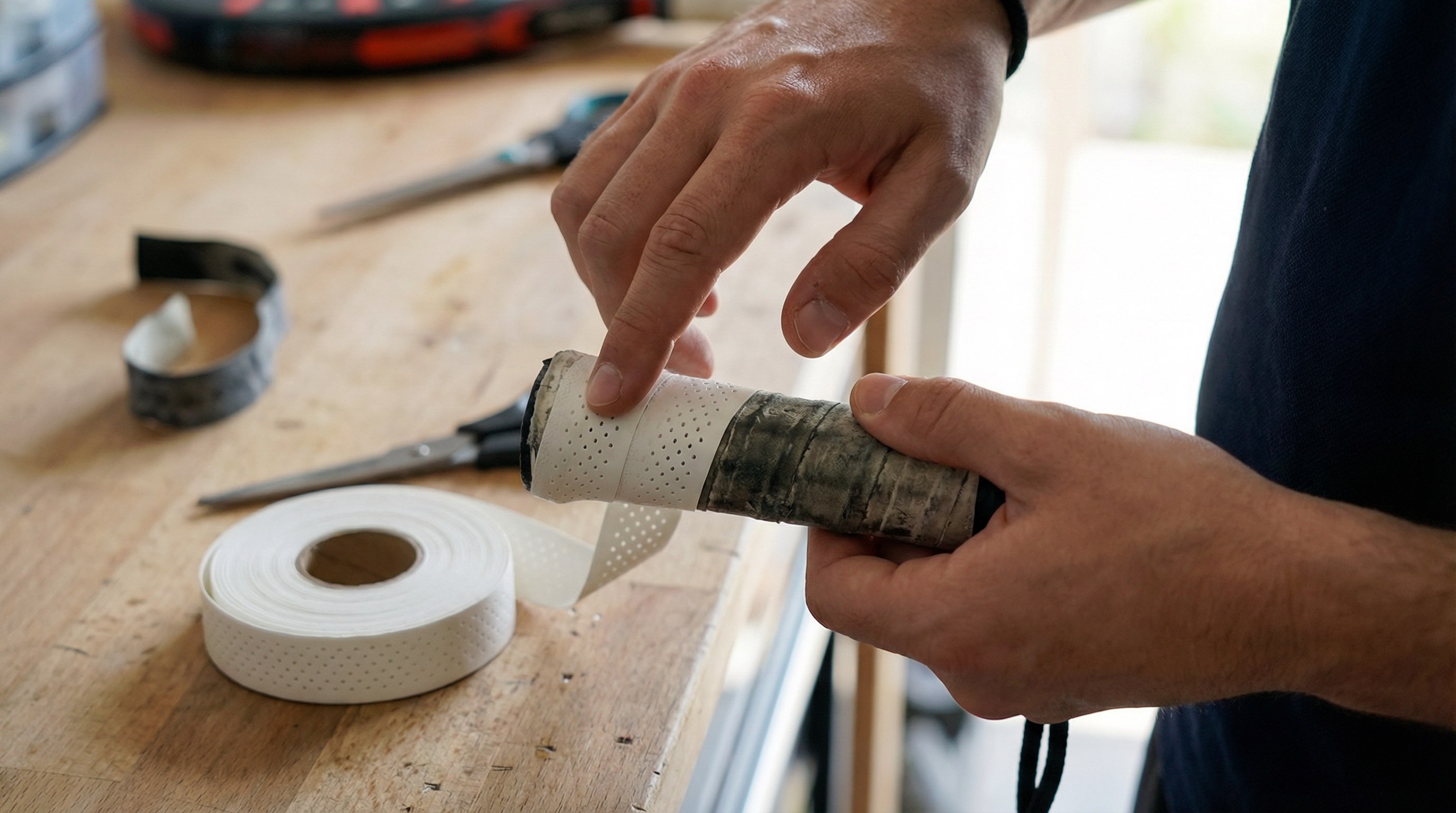 A person carefully applying an overgrip to a racket handle