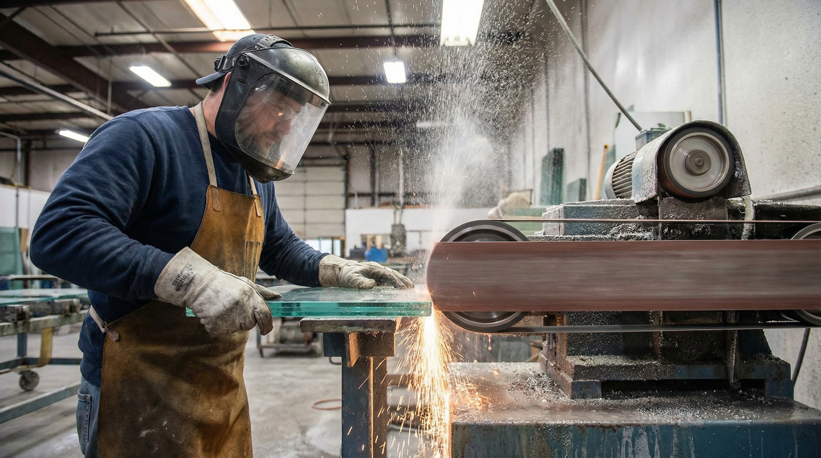 glass technician belt sander scene