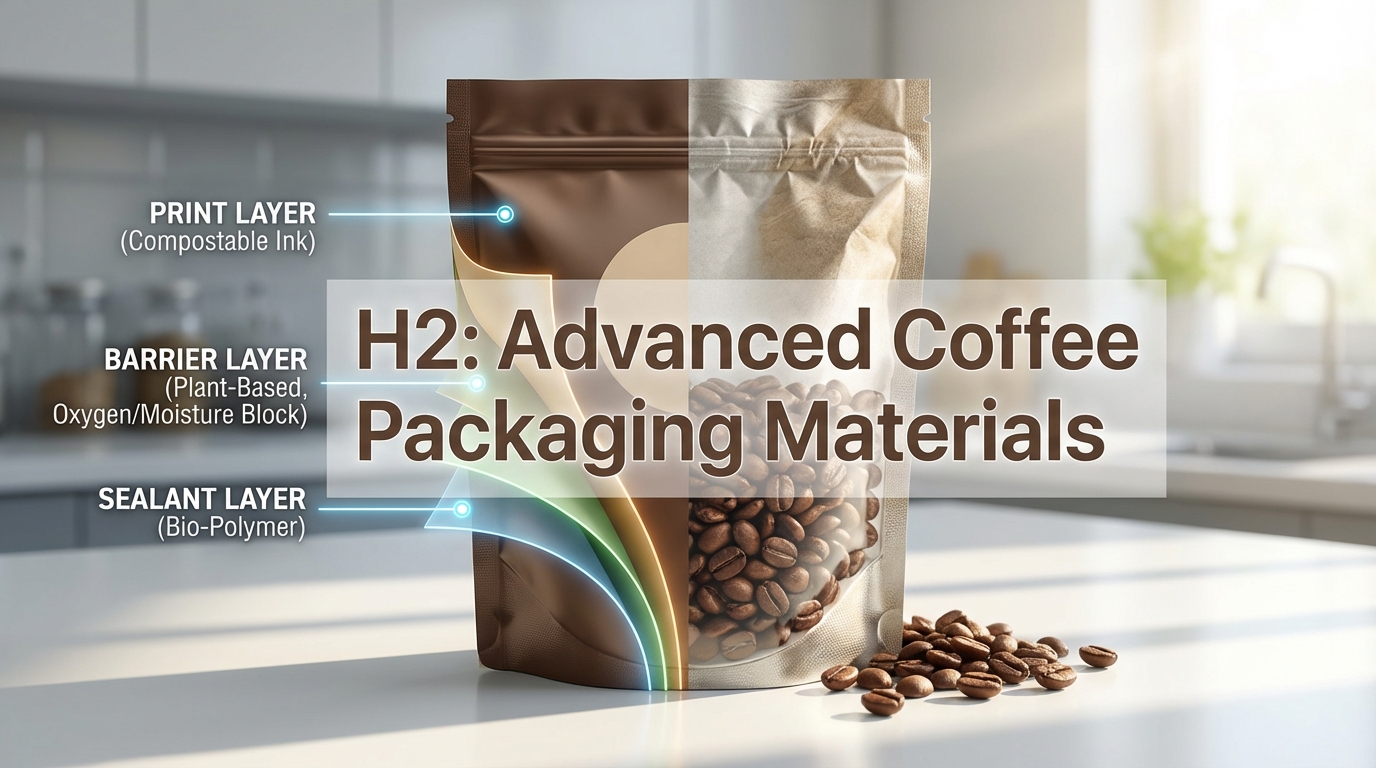 Detailed cross-section of a multi-layer coffee packaging film showing the print, barrier, and sealant layers.