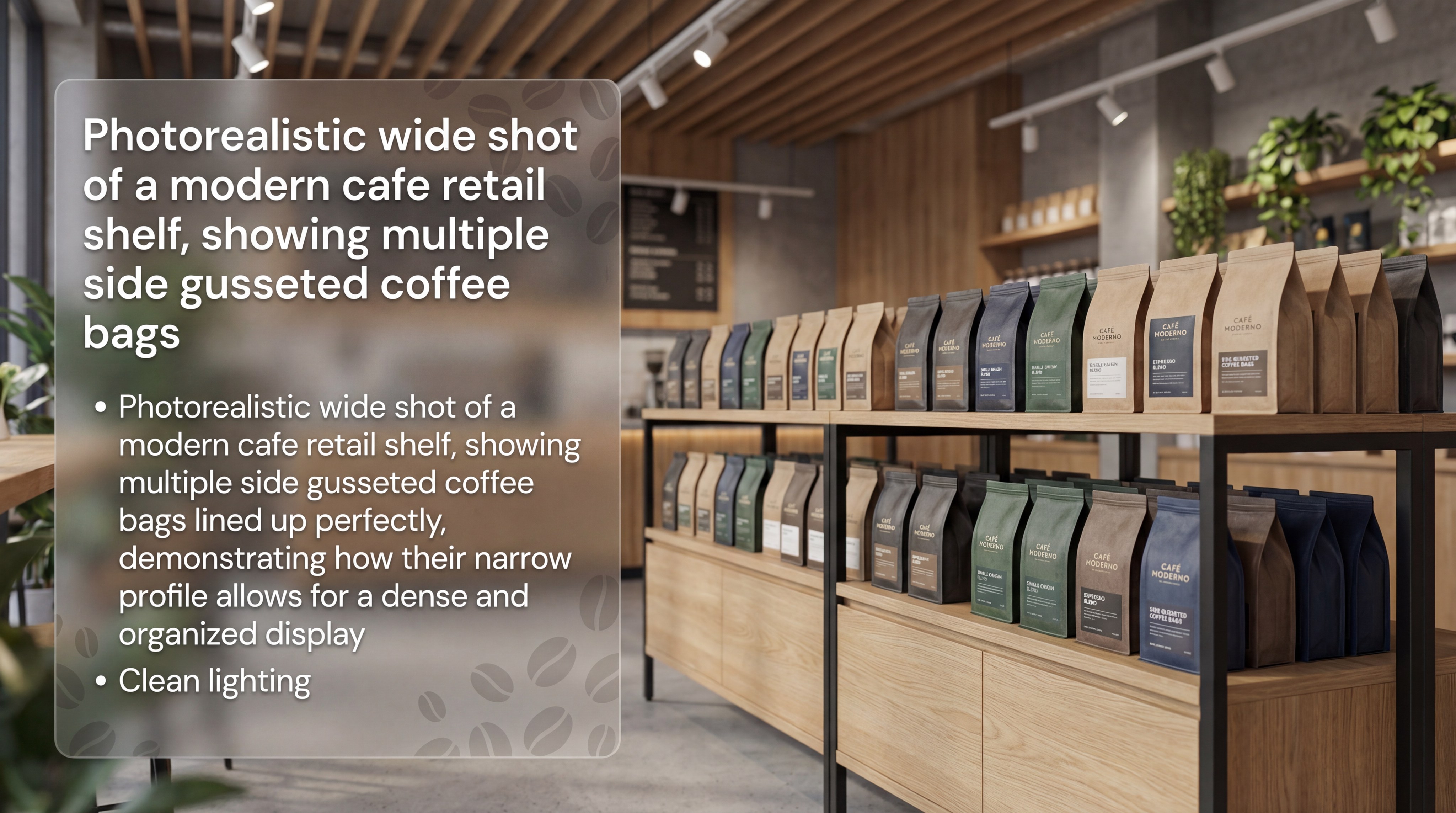 Photorealistic wide shot of a modern cafe retail shelf showing multiple side gusseted coffee bags lined up perfectly