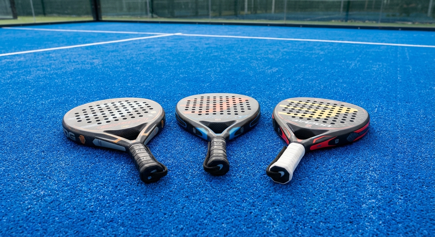 A comparison of the three primary padel paddle shapes: round, teardrop, and diamond, resting on a blue court surface.