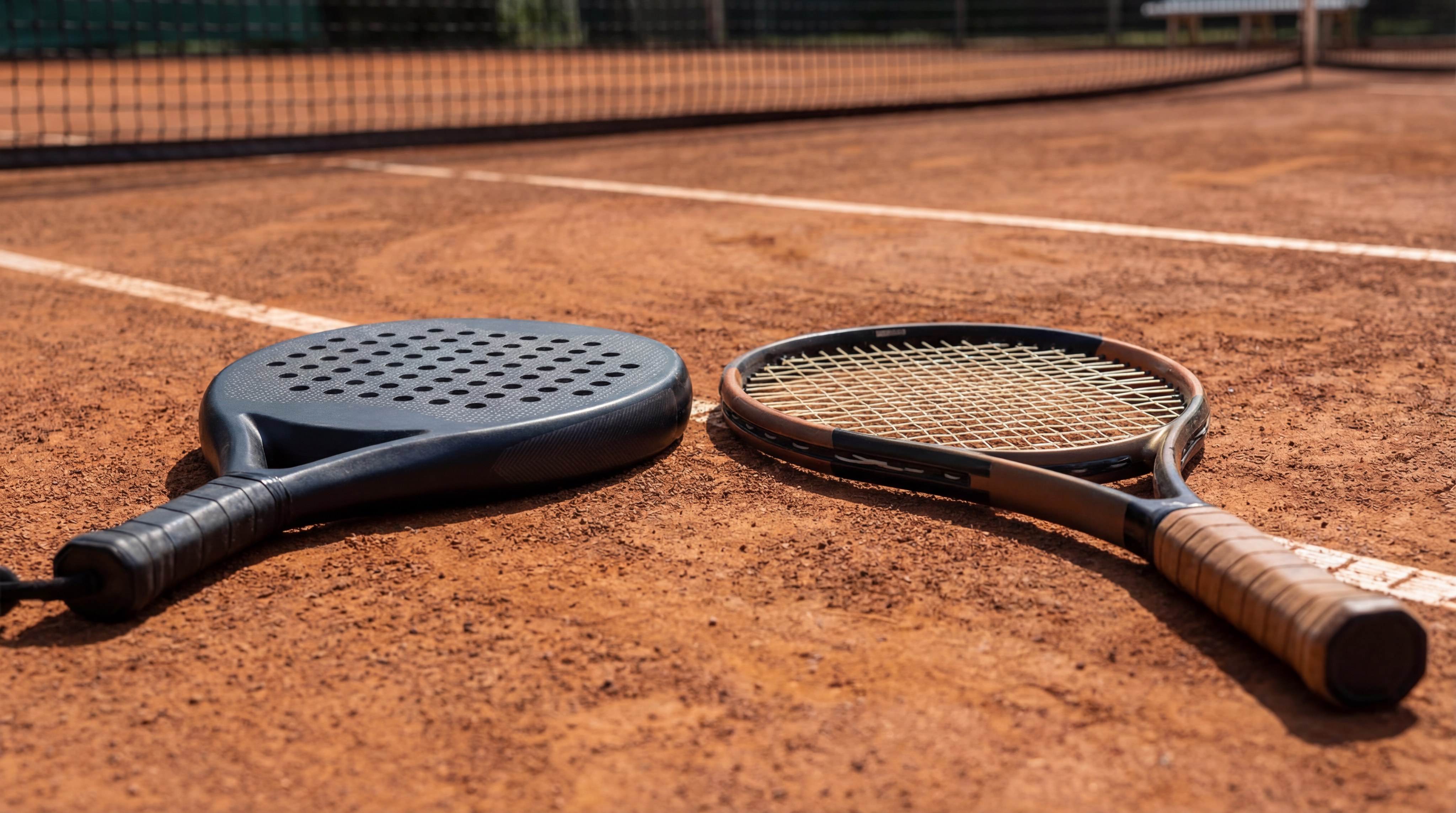 A high-contrast photo of a raqueta de padel and a tennis racket side-by-side on a clay court surface. The visual highlights the difference in size, the string vs. hole surface, and the shorter handle of the padel equipment.