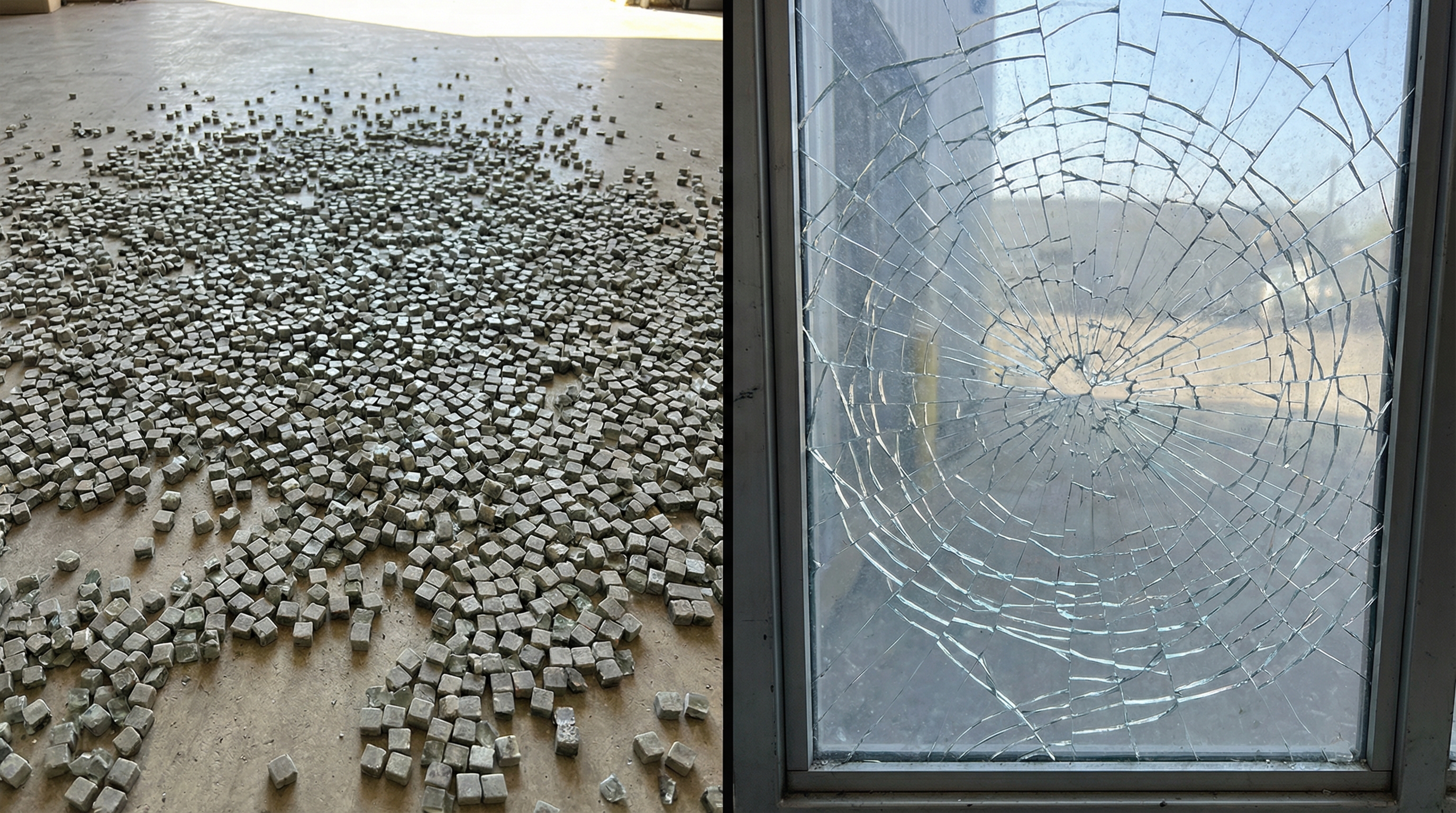 Split screen of shattered tempered glass vs cracked laminated glass