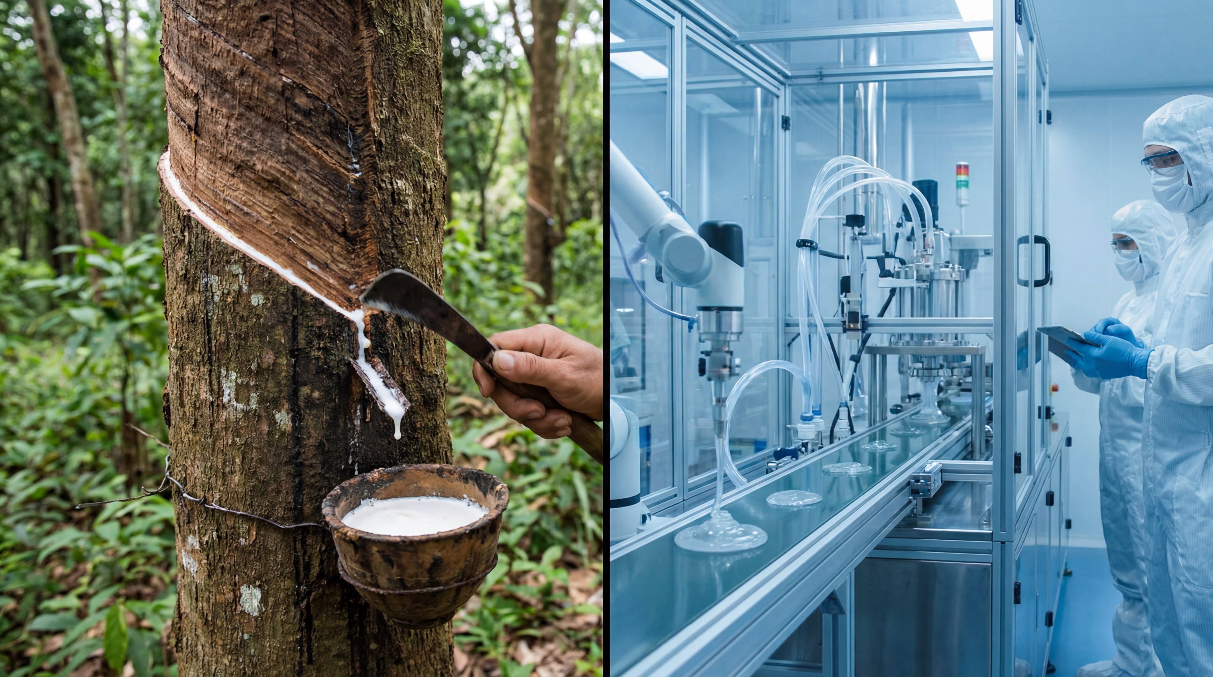 Alt Text: A split-screen photorealistic shot: the left side shows a traditional rubber tree being tapped for milky sap, and the right side shows a high-tech, sterile silicone injection molding laboratory