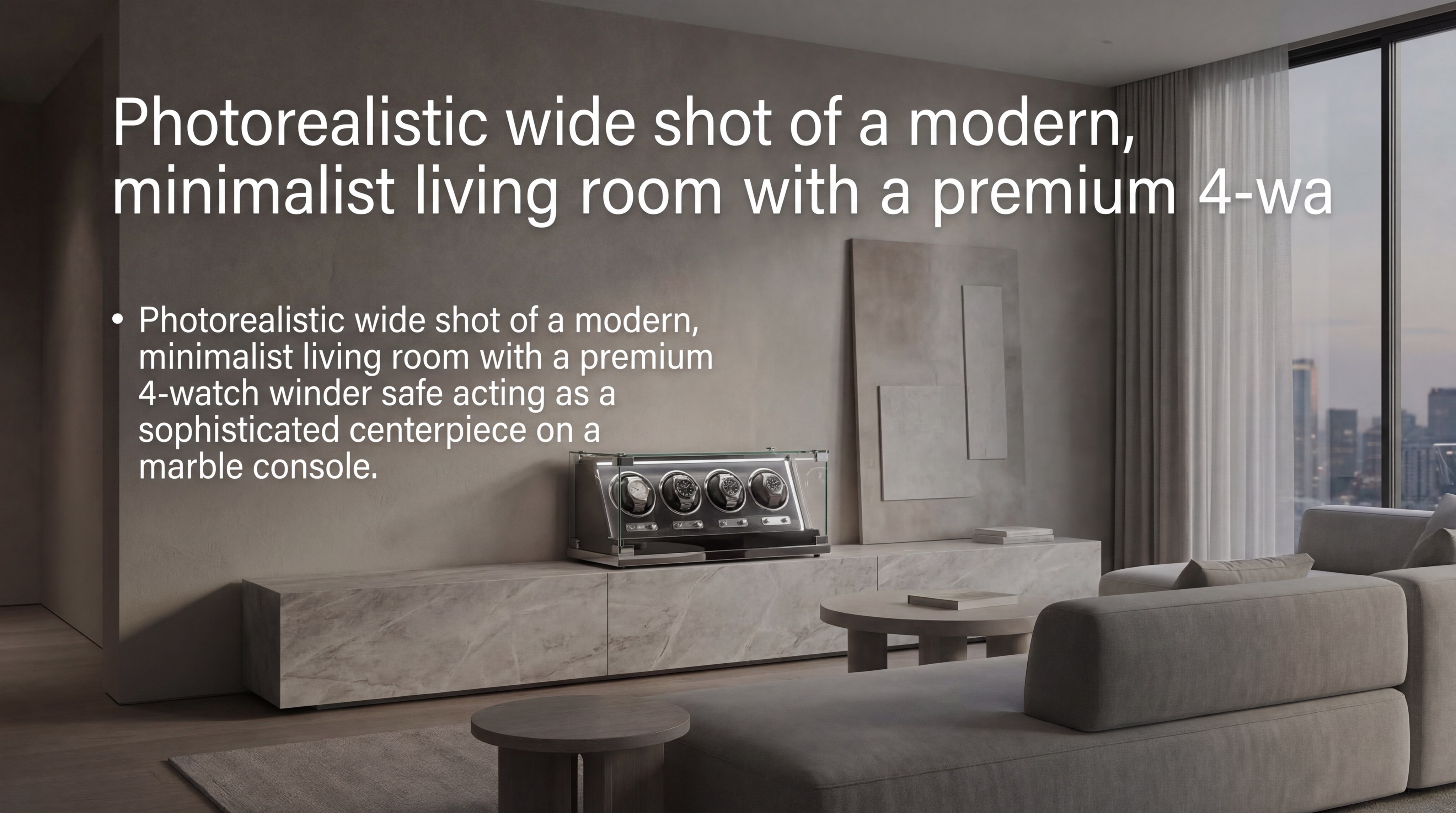 Photorealistic wide shot of a modern, minimalist living room with a premium 4-watch winder safe acting as a sophisticated centerpiece on a marble console