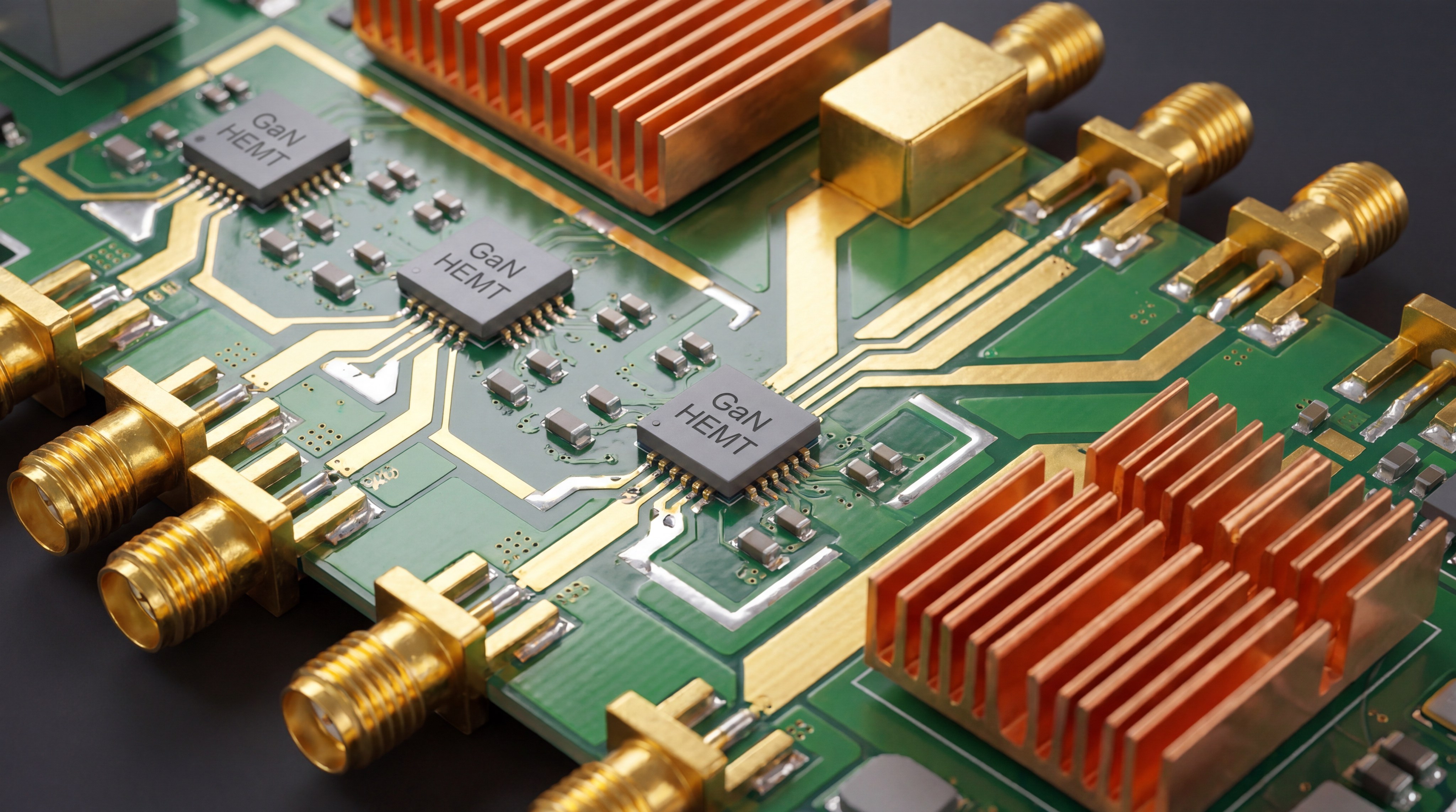 Macro view of Gallium Nitride GaN transistors on a high-frequency circuit board