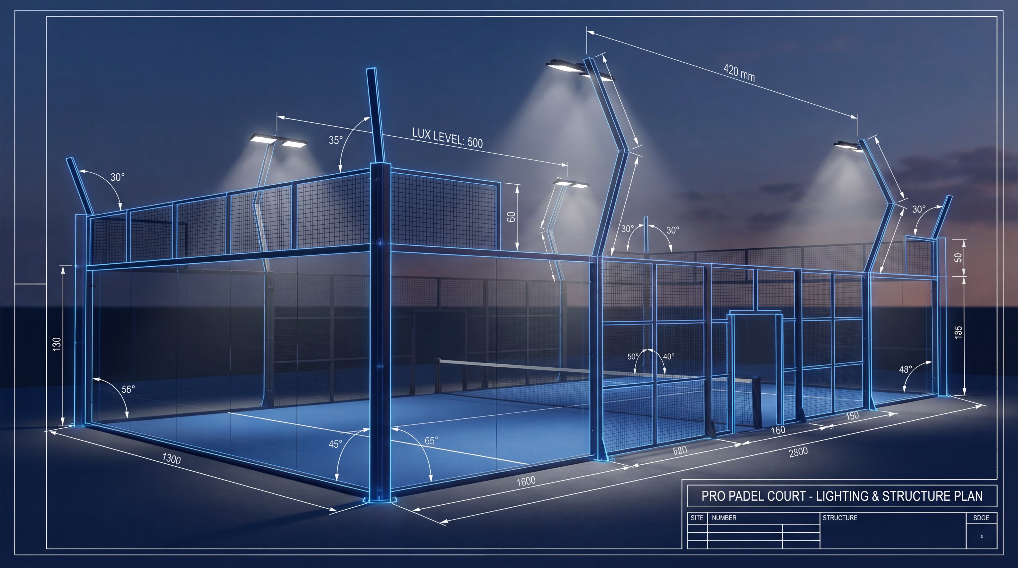 Architectural blueprint of a padel court showing lighting pole placement