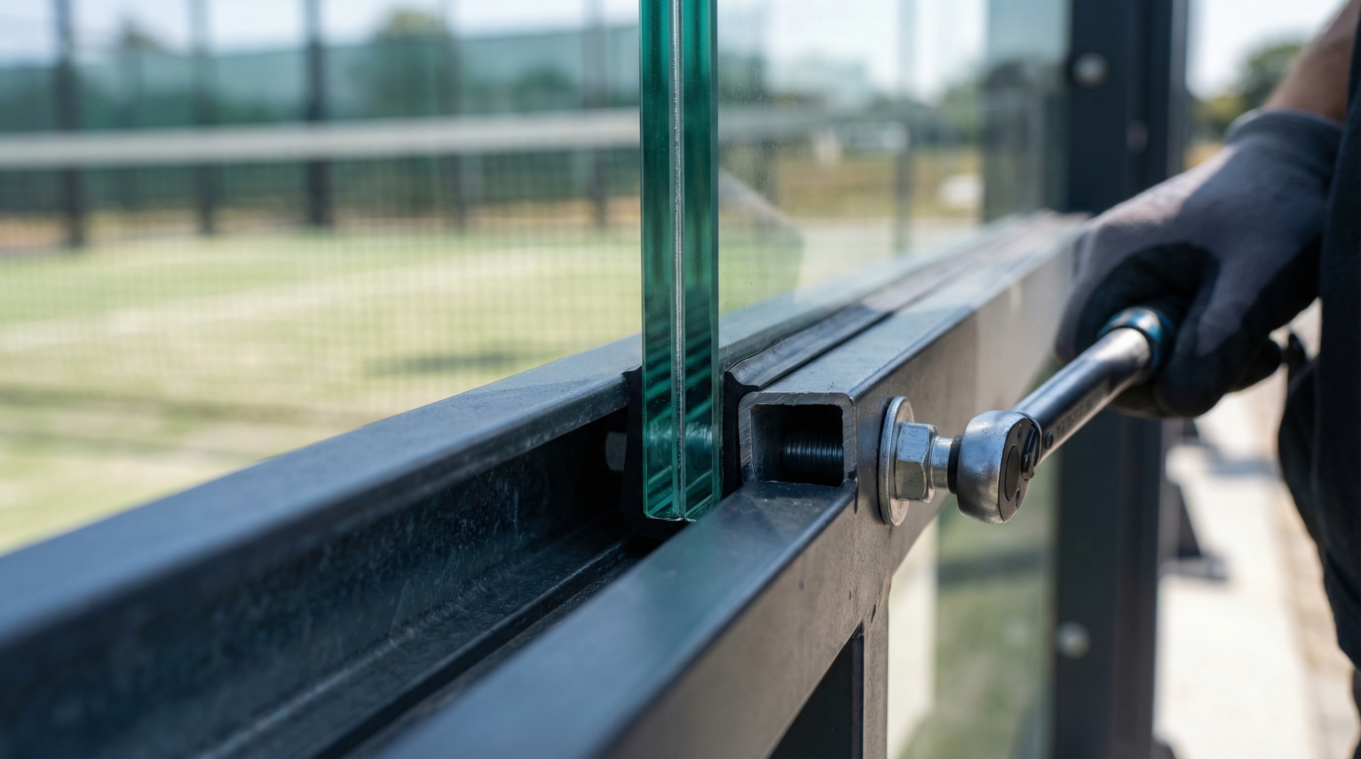 padel court glass installation detail