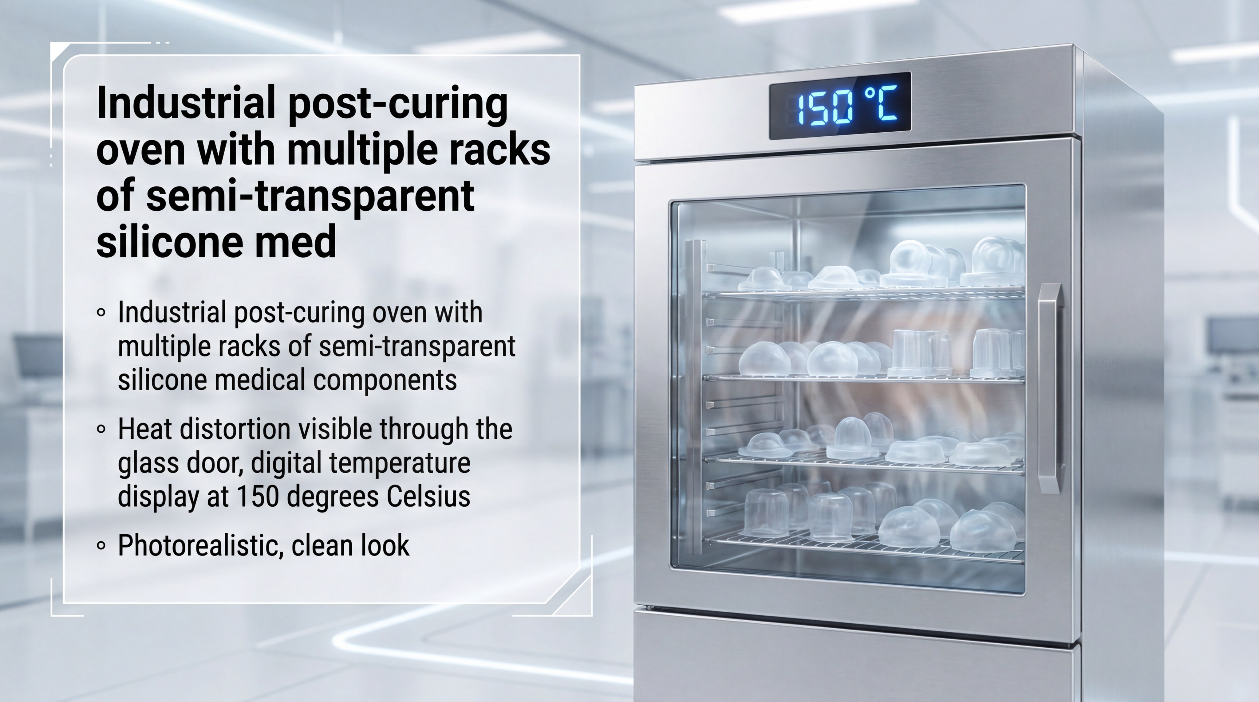 Industrial post-curing oven with multiple racks of semi-transparent silicone medical components.