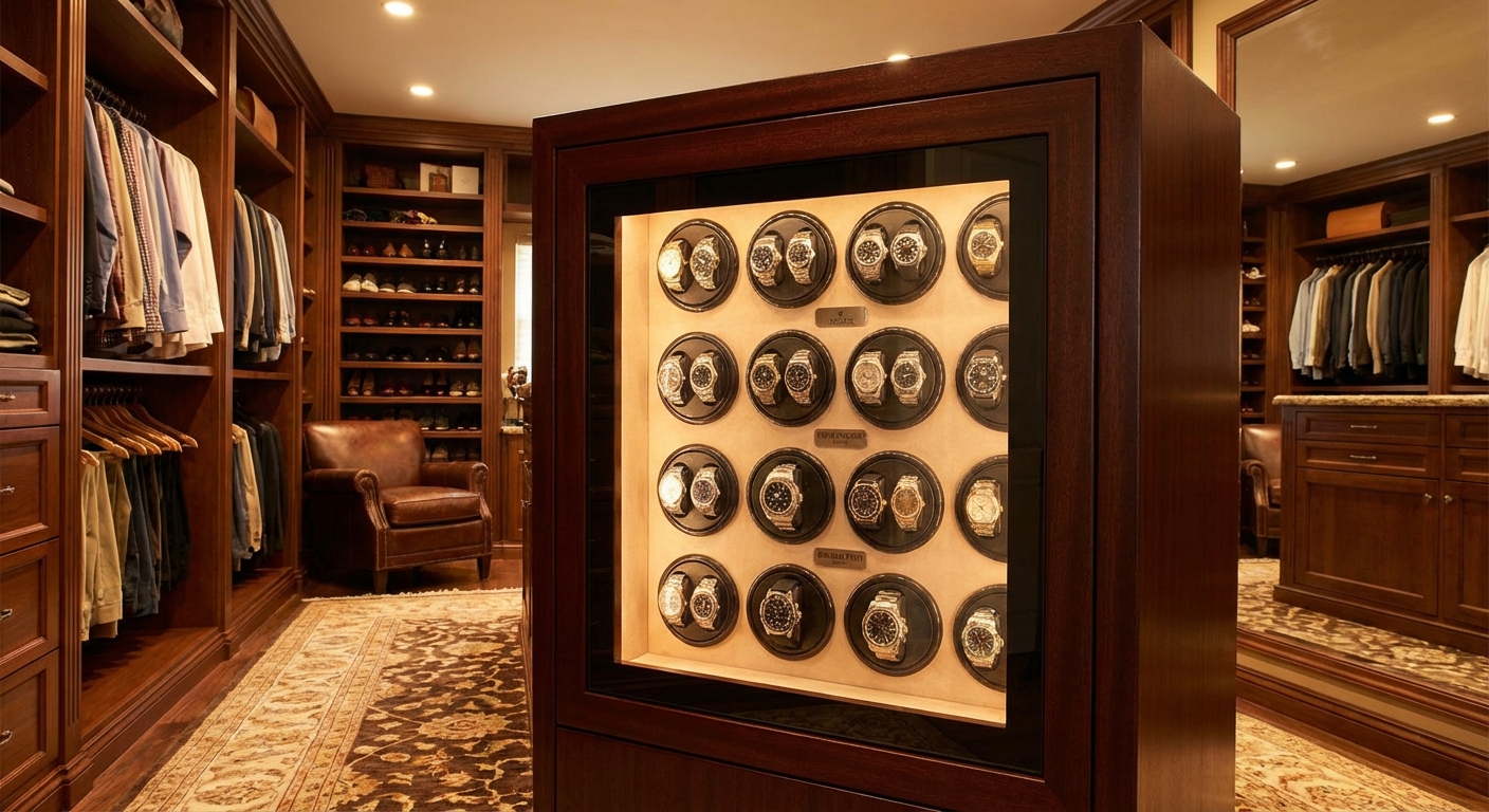 Display of luxury watch winders inside a high-security safe