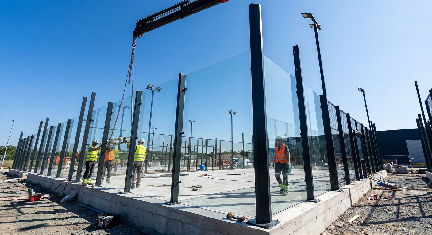 A photorealistic image showing the construction phase of a padel board with workers.