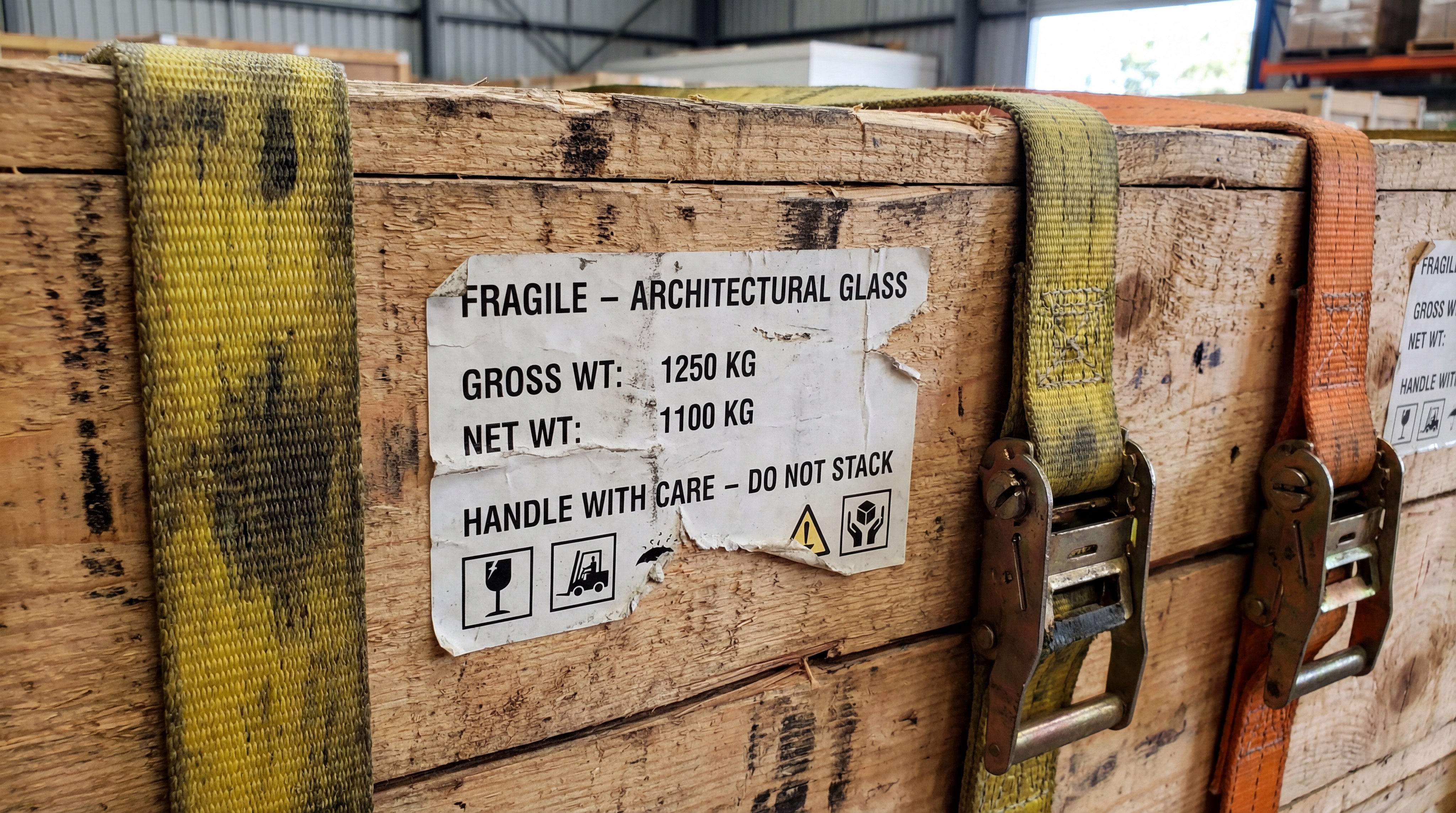 Workers securing reinforced wooden crates containing architectural glass panels onto a shipping container, focus on the industrial straps and safety labels.